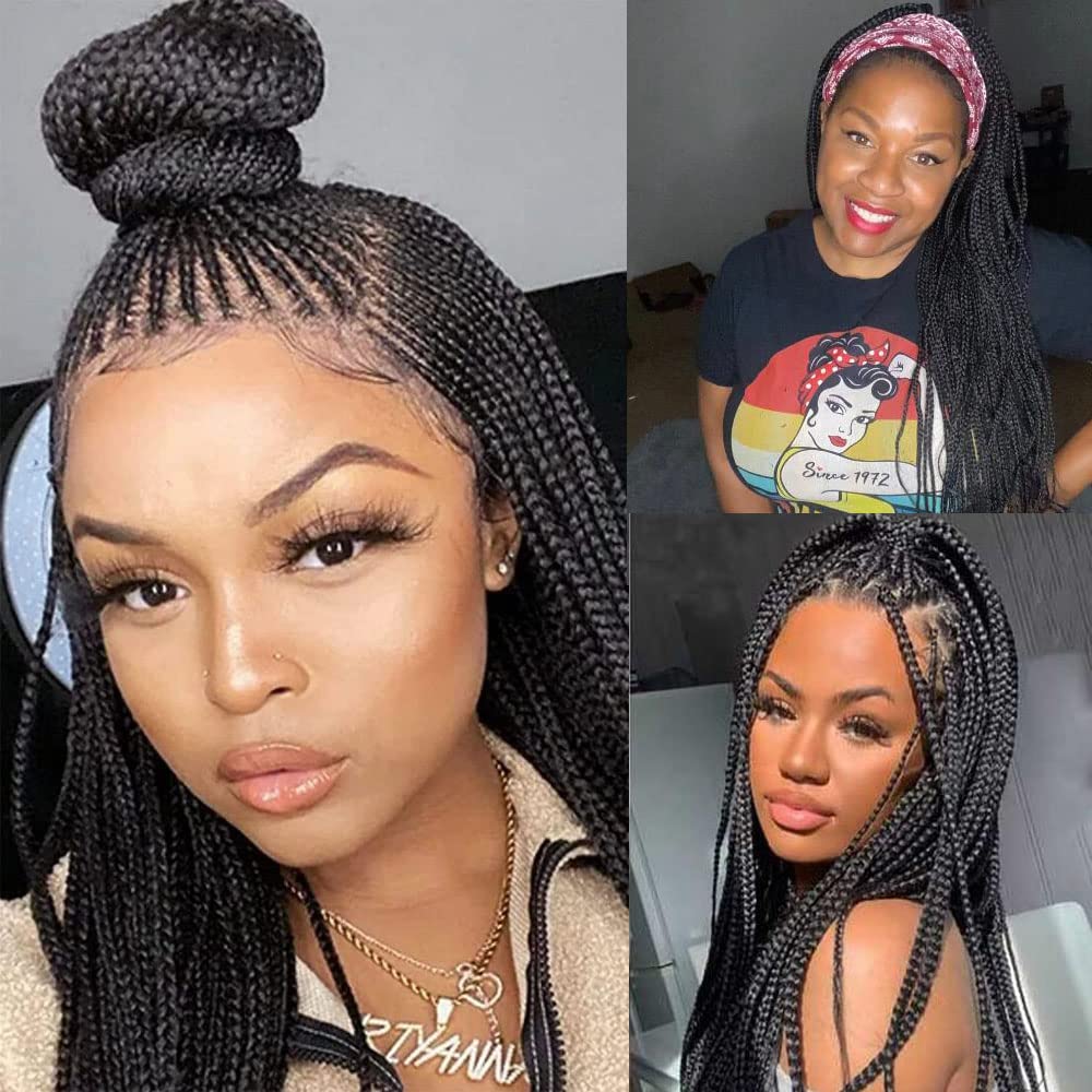 xiweiya 28 inch Lace Front Knotless Box Braided Wigs Brack Hand-Braided Box Braided Wigs with Baby Hair Cornrow Braids Lace Frontal Twist Braids Hair Wig for Black Women - Image 2