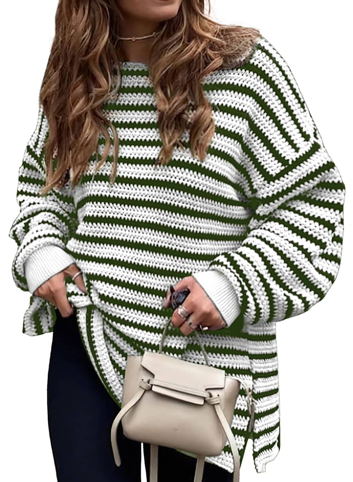 Dokotoo Sweaters for Women Crewneck Long Sleeve Striped Color Block Loose Knit Pullover Sweater Tops