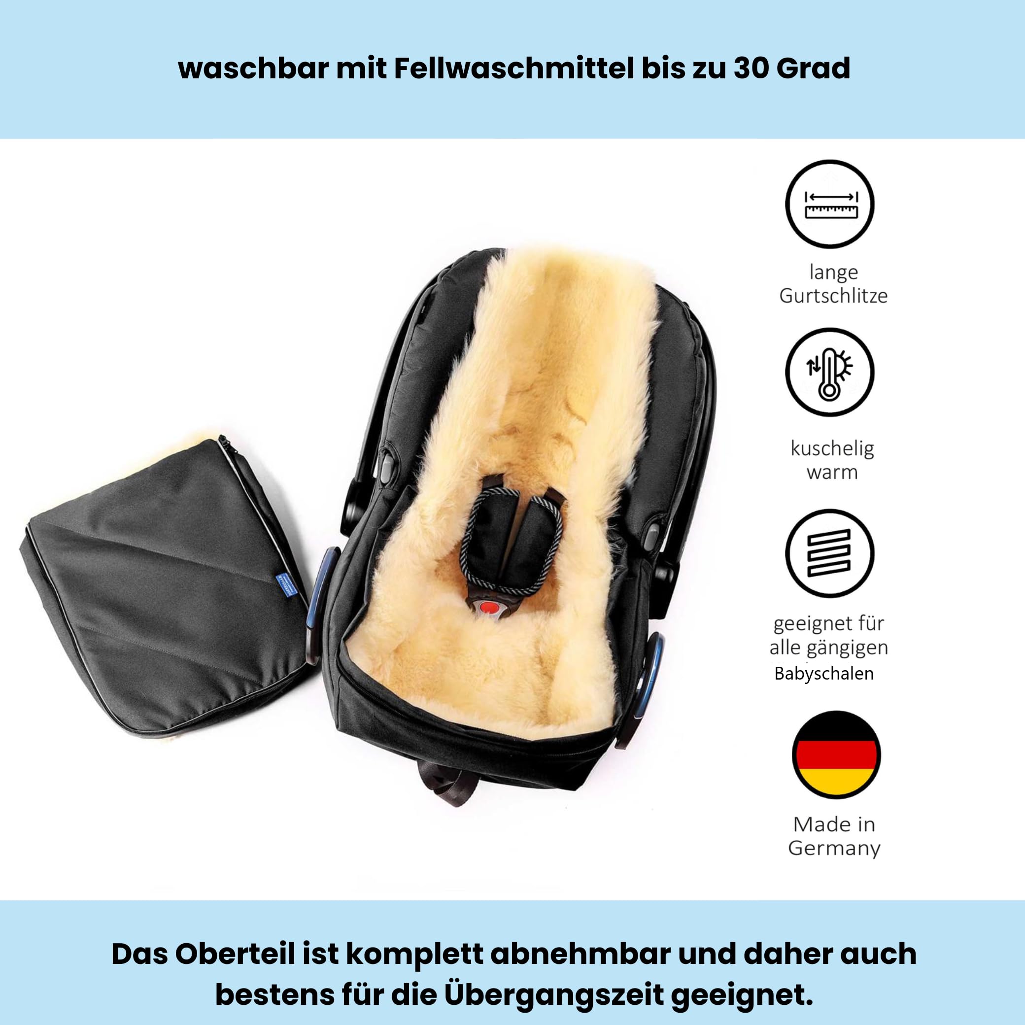 Hofbrucker Winterfußsack für Babyschale, kuscheliger universal Lammfellfußsack, Babyfussack mit medizinischen Lammfell, warmer Winterfußsack Deutsche Herstellung