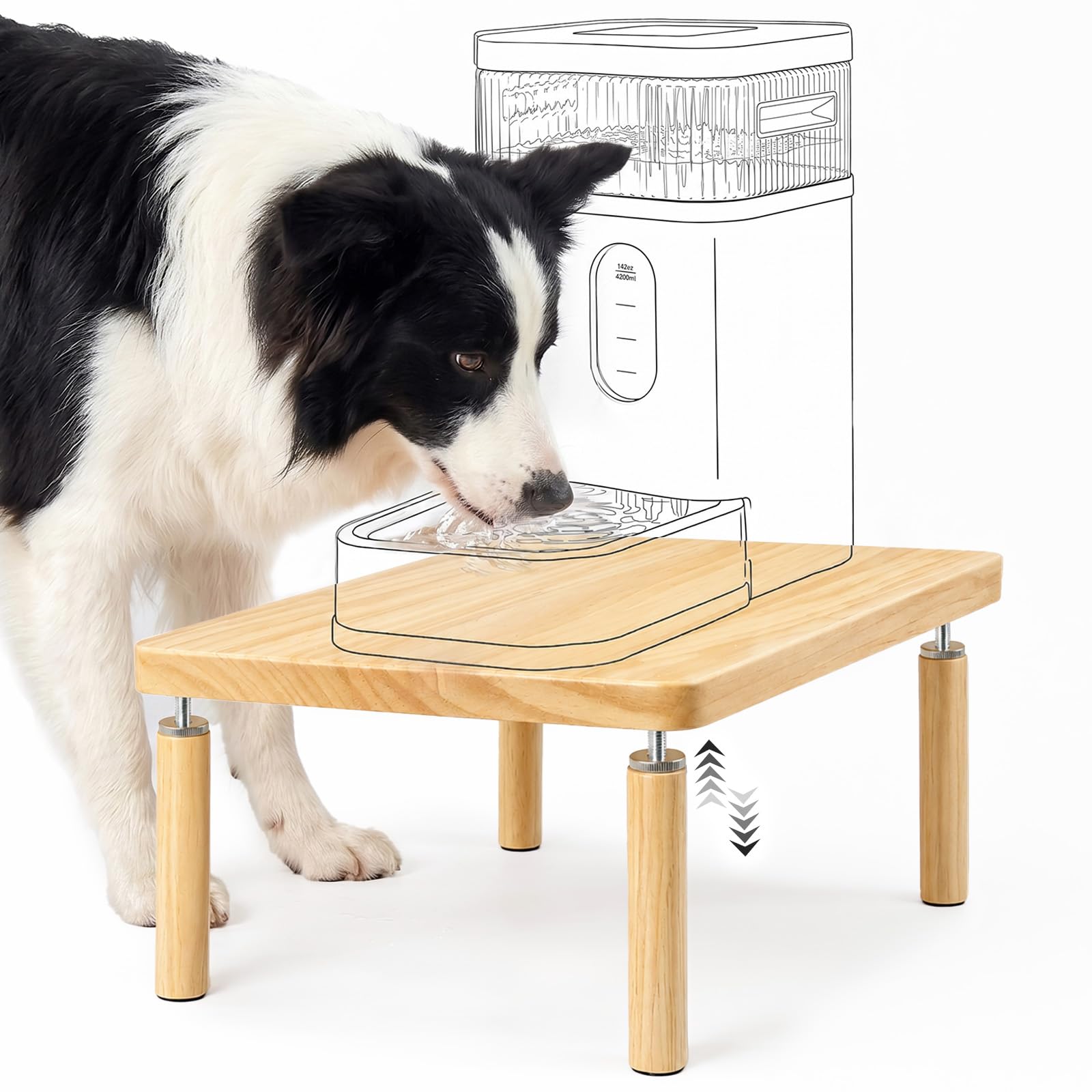 SZEE Adjustable Dog Food Stand, Raised Dog Bowl Stand for Large Breeds, Elevates from 18 to 20.6cm, Relieves Spine and Joints on Pets (L, Solid Wood)