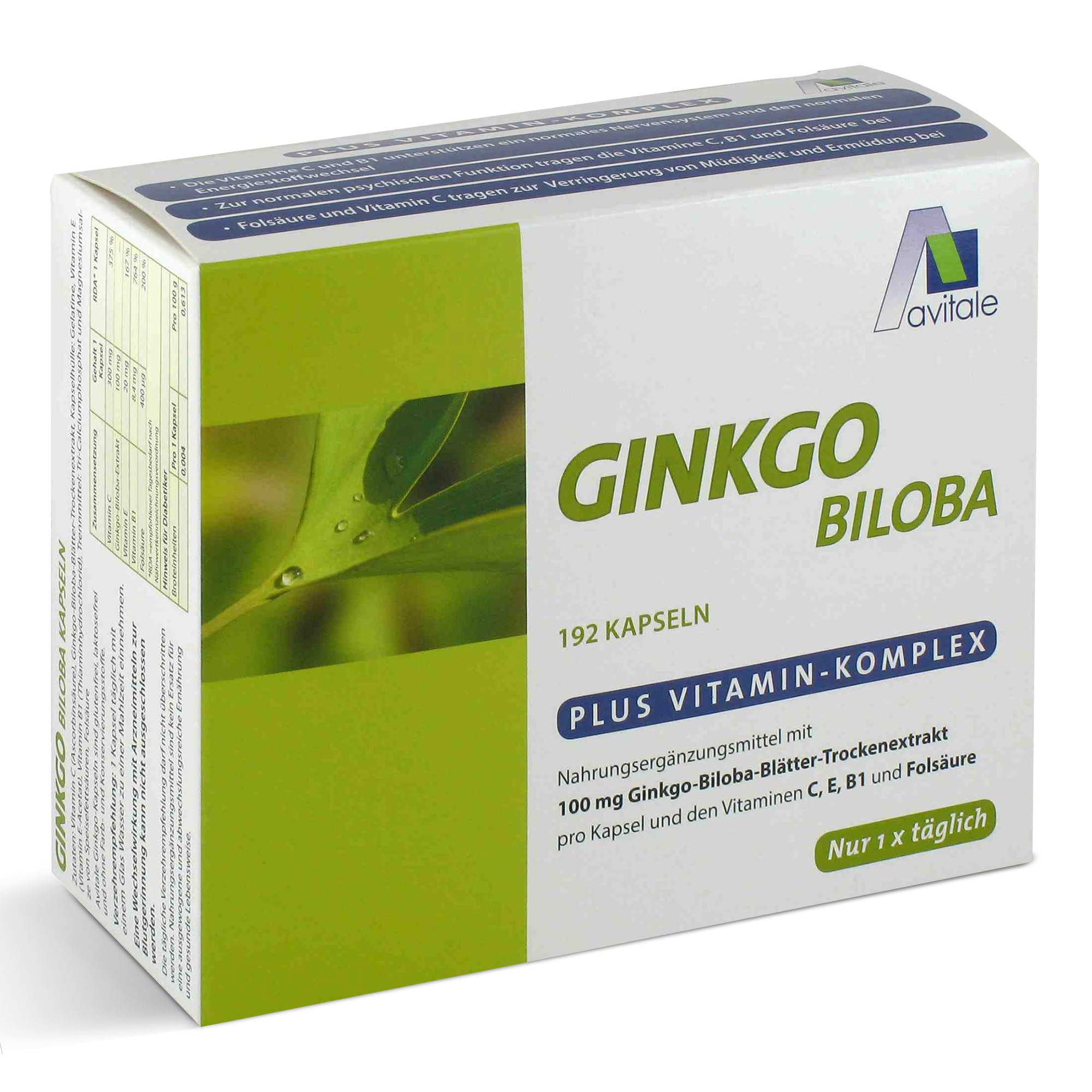Avitale Ginkgo 100 mg Kapseln mit B1, C und E – 192 Stück, 1er Pack