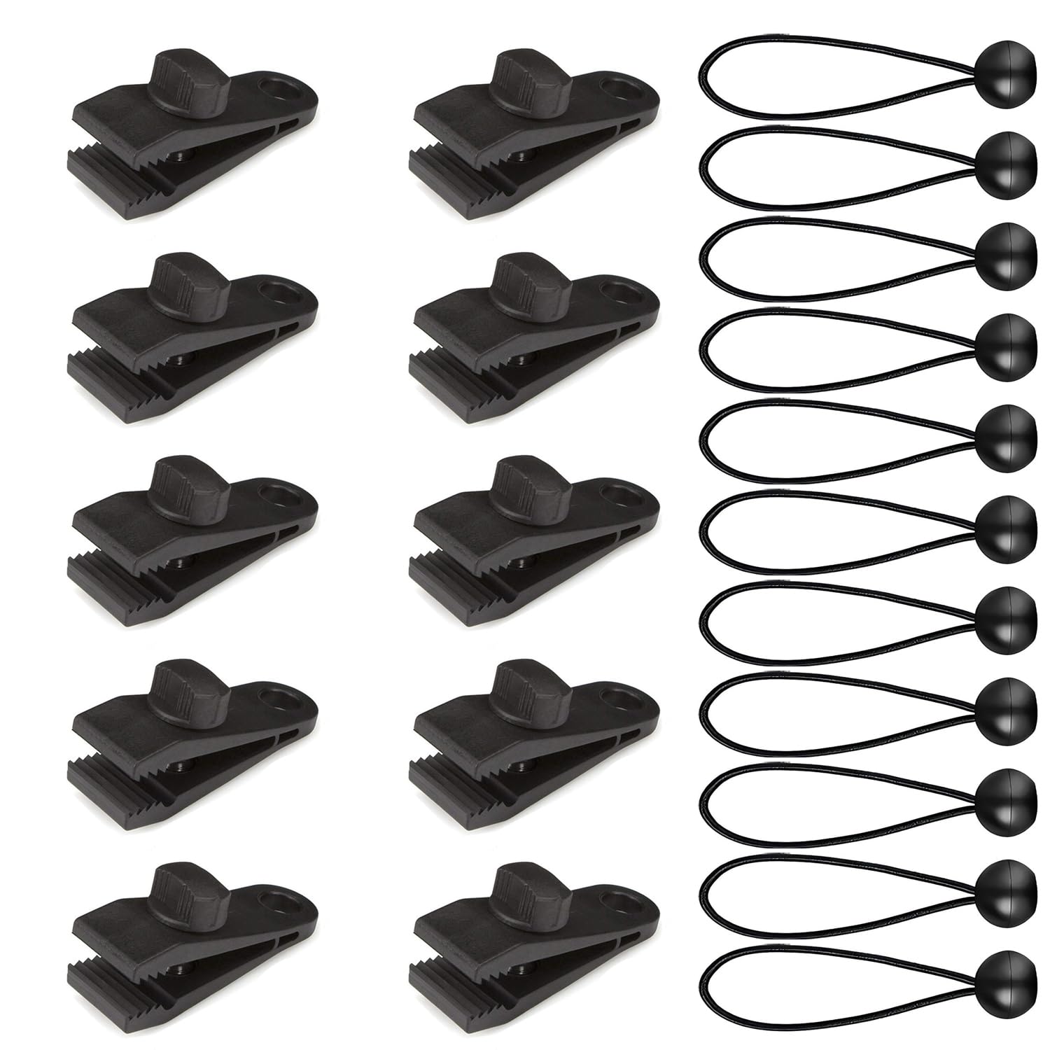 20 Pcs Tarp Clips and Bungee Cord Ball Ties Set – Tarpaulin Clamps with Adjustable Grip & 6 Inch Elastic Tie Downs for Outdoor Camping, Tent, Awning, Canopy, Pool Cover, RV Accessories