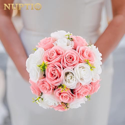 Miniatura 2 de NUPTIO Ramo de arreglo de bolas de flores 2 racimos de 15 rosas rosas rosas y blancas falsas bolas de rosas para centros de mesa de mesa - Arreglos