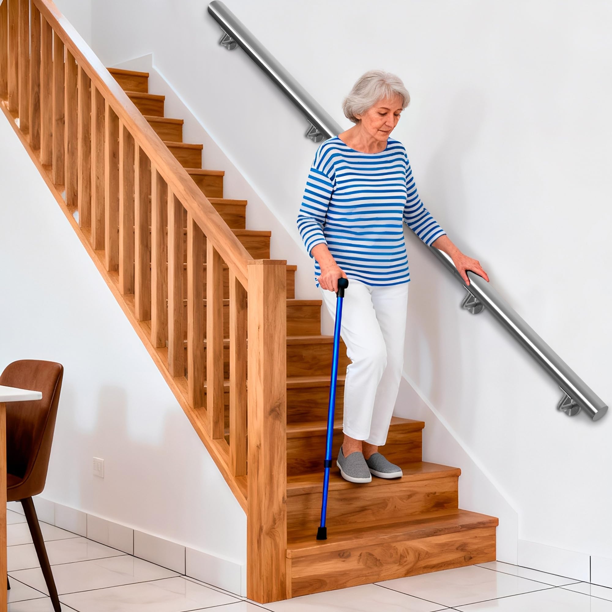 Edelstahl-Handlauf, 300CM Treppengeländer, Geländer mit 42 mm Durchmesser,Wandmontierter Handlauf mit Wandhalterungen und Befestigungselementen, Geeignet für Innen/Außenbereich