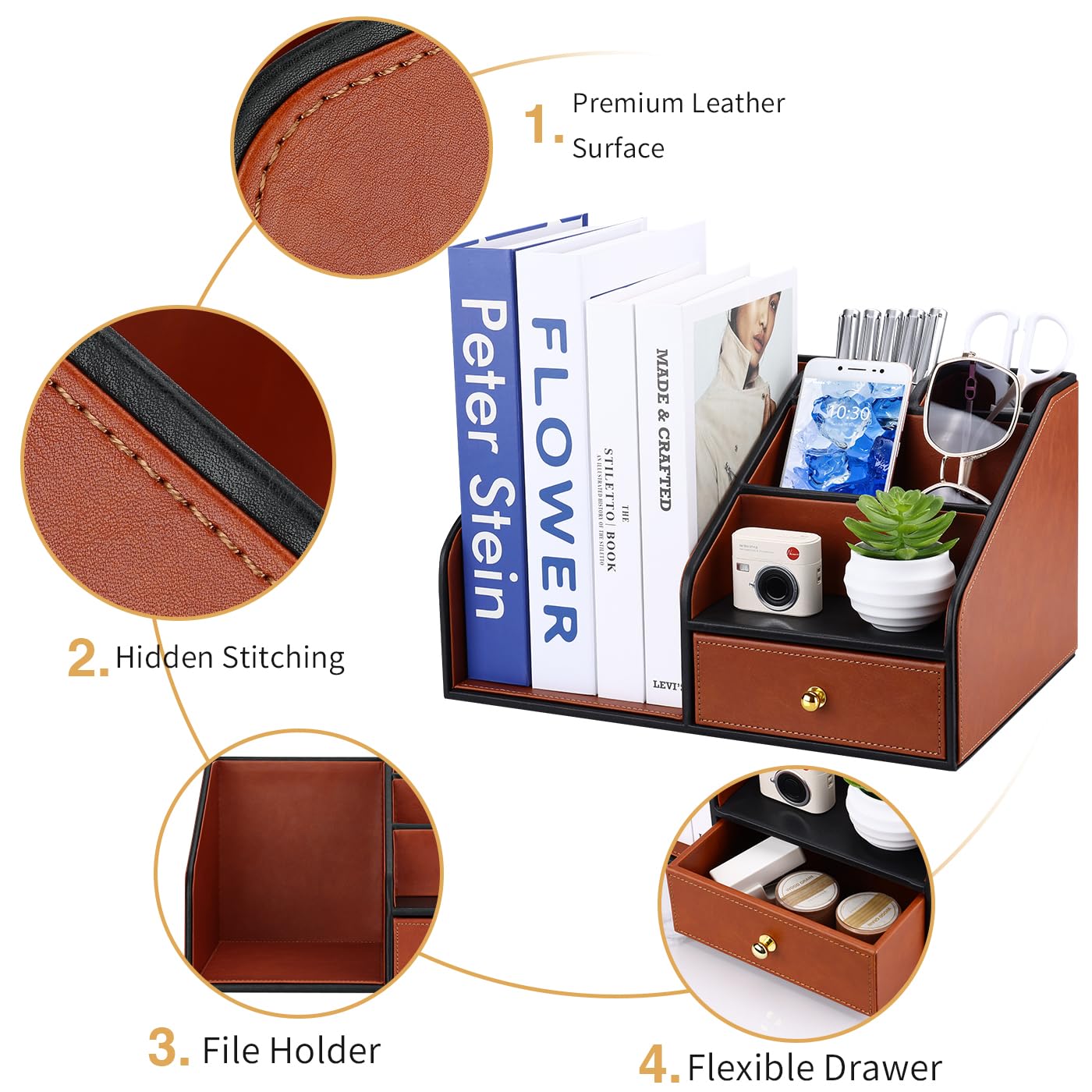 GORESE Schreibtisch Organizer mit Aktenhalter,Leder Papier Briefablage mit Schublade und 4 Stiftehalter, Zeitschriftenhalter Dokumentenablage Ablagefächer Organizer für Büro,Zuhause,Schule(Braun)