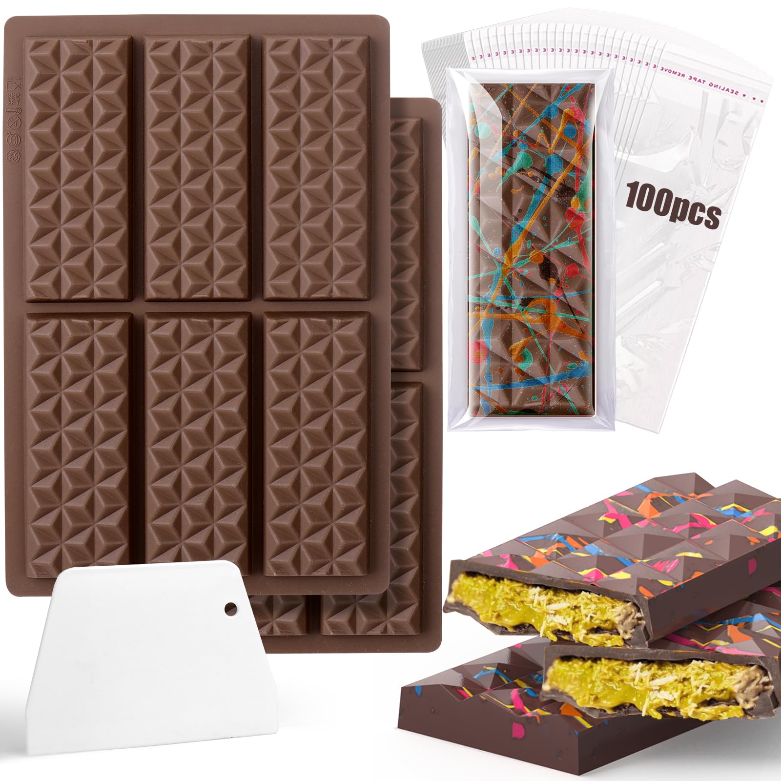 BABORUI 12 Cavities Chocolate Bar Mold Deep with Bags Scraper, Thick Chocolate Bar Mold for Stuffed Bar, Silicone Chocolate Mold for Filling Knafeh Pistachio Chocolate Bar(Diamond)