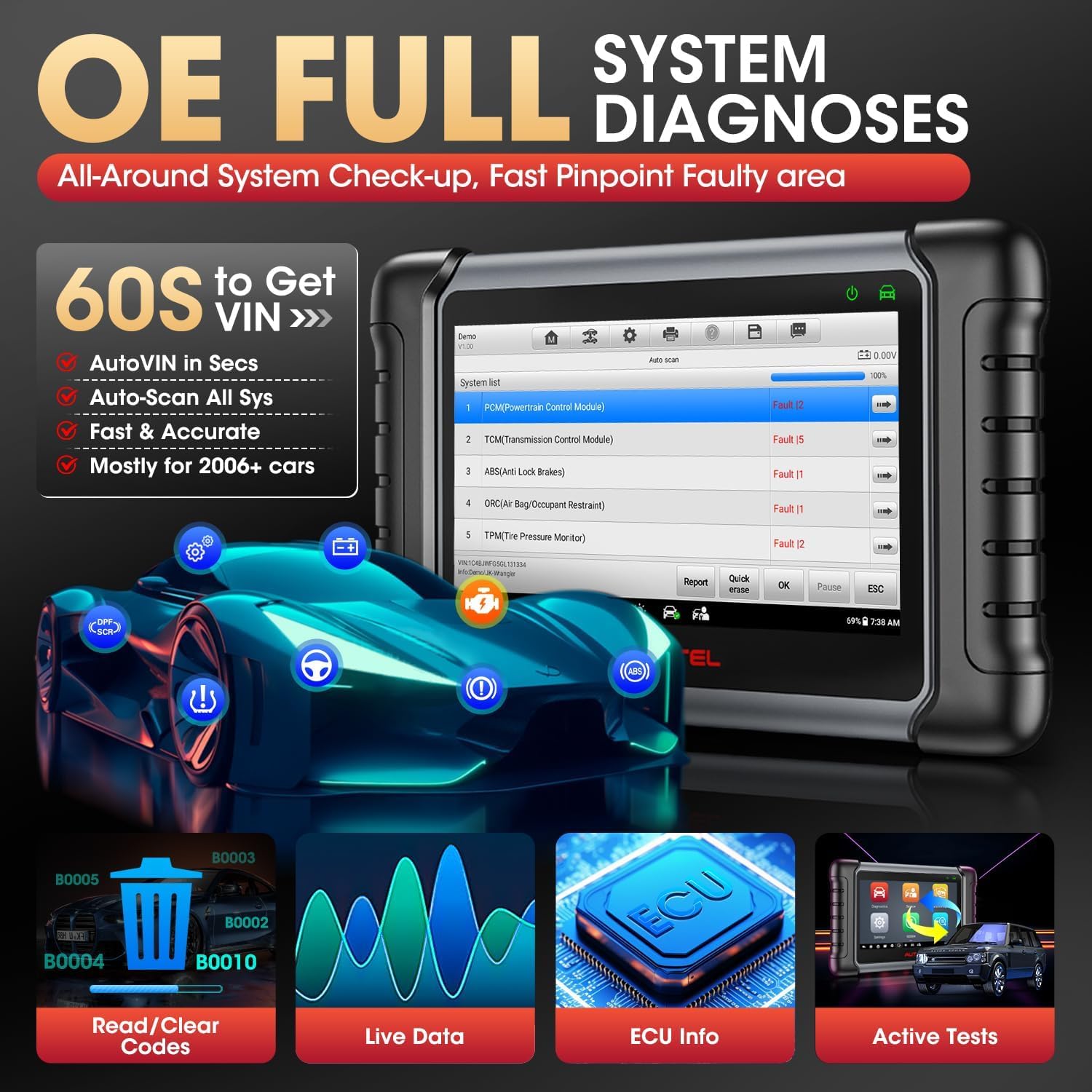 Autel MaxiCheck MX808S, 2026 Completo Bidirezionale come MK900BT MK808BT PRO, 4G+64G 2.4G & 5G WiFi, 28+ Servizi, OS11, 10X Più Veloce, Tutto SIS, Nuova Ver di MaxiCOM MK808, Funziona come MK900 MX900