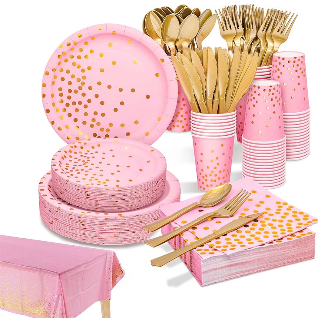Qniceone Disposable Party Dinnerware Set, Dot Disposable Dinnerware -176 Pieces Paper Plates Napkins Cups Plastic Forks Knives Spoons for Engagement Wedding Birthday (25 Guests)-Gold Pink