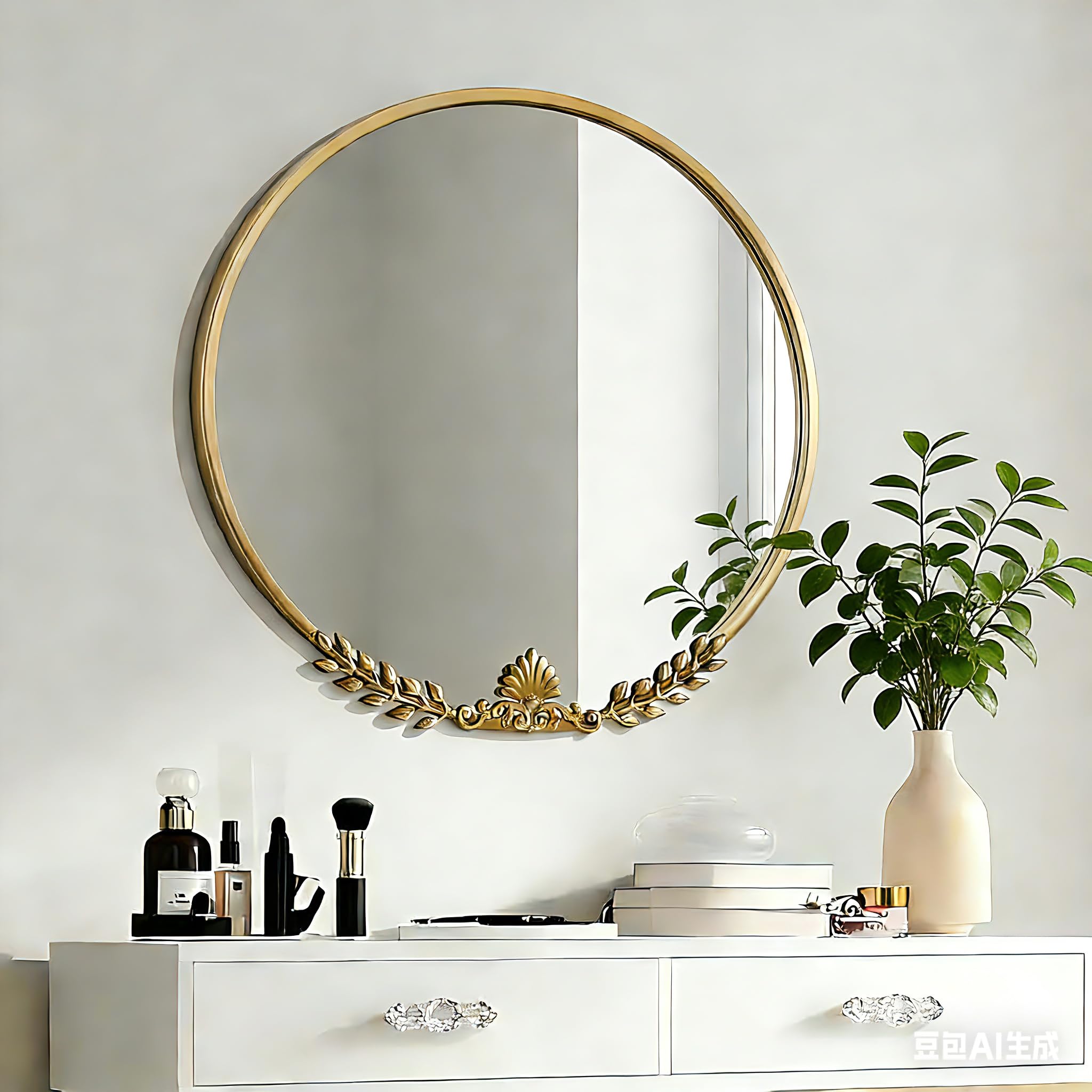 LOVNAHO Vintage Round Wall Mirror, Metal Leaf 24.5inch Antique Gold Wall-Mounted Mirror for Bathroom, Circle Decorative Mirrors for Living Room, Bedroom,EntryWay (Antique Gold, 24x24.5)