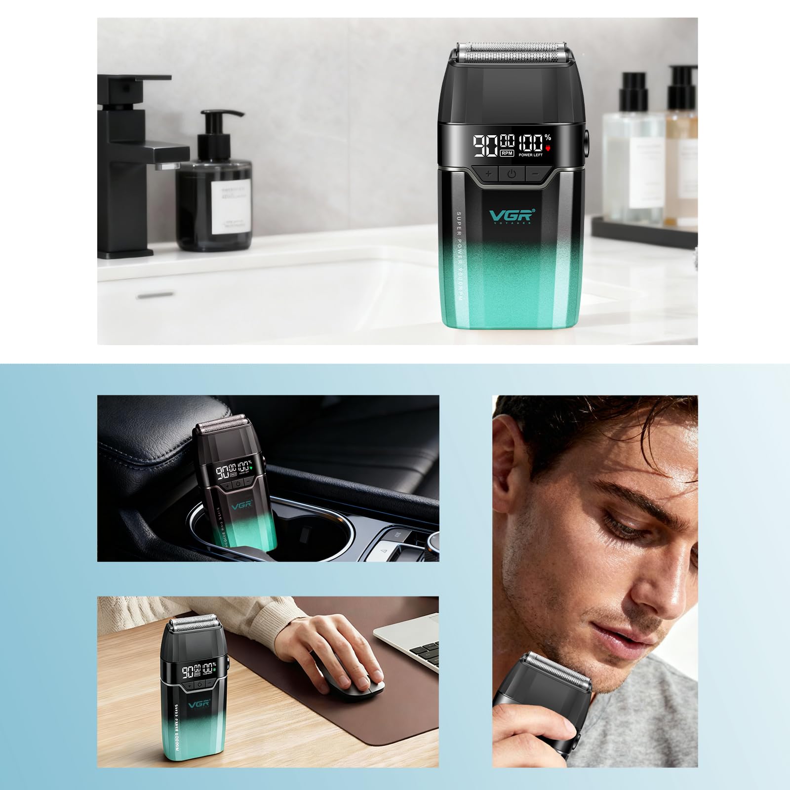 VGR 308 Afeitadora Electrica Hombre InaláMbrica, Shaver Barberia, Verde | Doble Capa de LáMina Flotante de Titanio y Motor de 9000RPM, Maquina de Afeitar Hombre Compacta con Pantalla LED, Carga USB