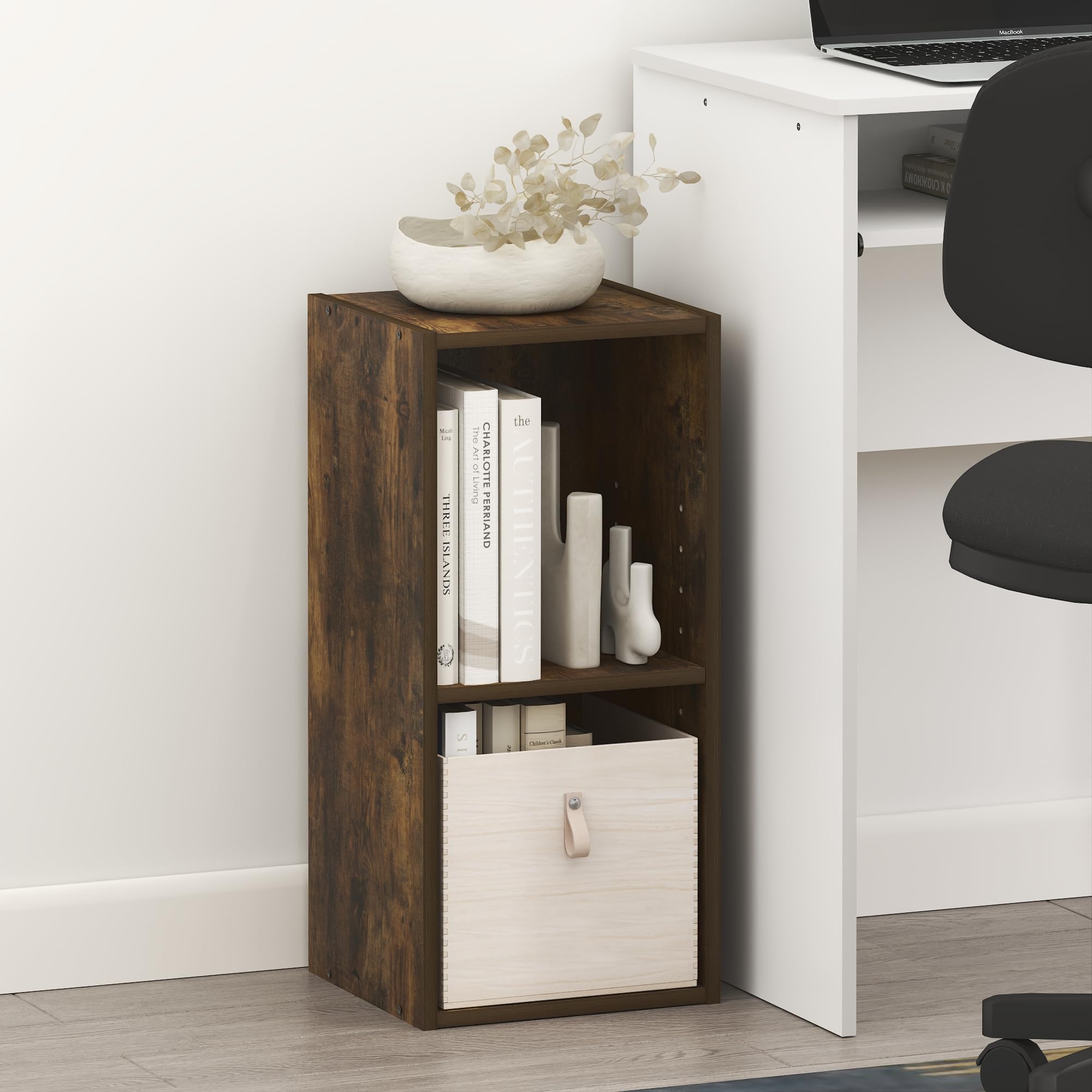 Furinno FULDA Book Shelf, 2-Tier Narrow Bookshelf, Bookcase with 25.4cm Width Storage Shelf, 23.6(D) x 25.0(W) x 53.8(H) cm, for Living Room, Bedroom, Home Office, Amber Pine