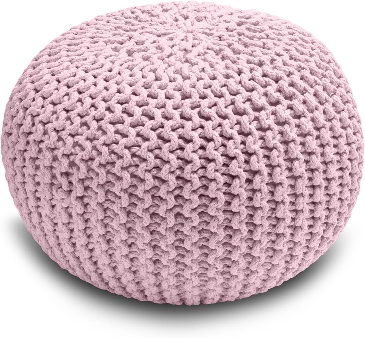 Crescent Textile Handmade Round Chunky Knitted Pouffe Footstool โ Large 50x50x35cm Ottoman Pouffe in 100% Cotton Soft & Comfortable for Living Room, Footrest and Occasional Seating (Pink) โ image 1