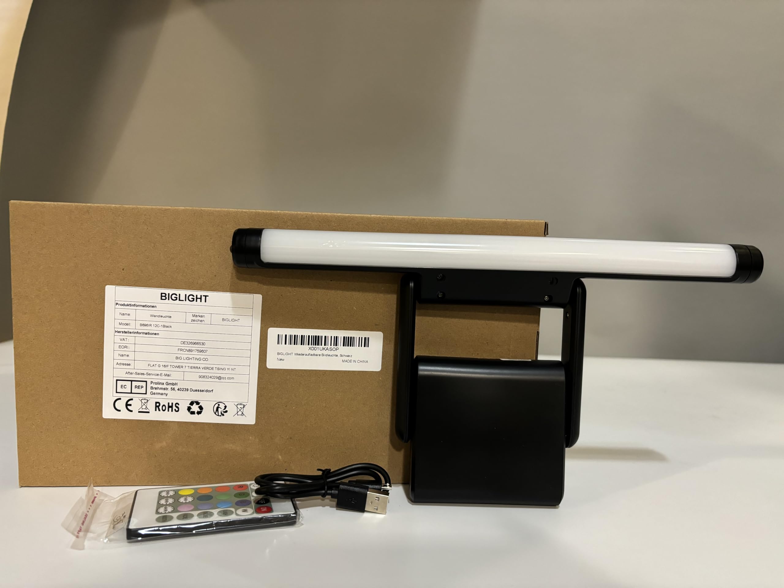 BIGLIGHT Luce di Immagine Wireless con Telecomando, Lampada da Parete Ricaricabile, 4 Modalità di Illuminazione, 12 Colori Luce di Riempimento Dello Specchio Anteriore,Temporizzazione Regolabile, Nero