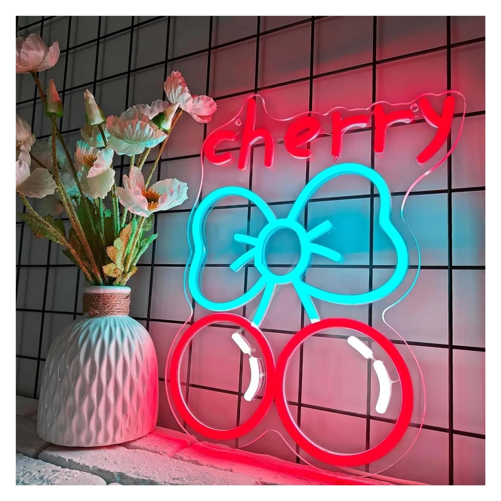 Hängende Kunst-Leuchtreklamen Kirsch-Neonschild, LED-Neonlichtschild, Wanddekoration, USB-betrieben, Für Obstladen, Schlafzimmer, Süße Dekoration, Hochzeitsfeier 27x36.5cm