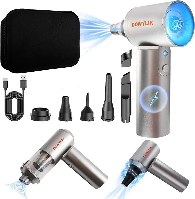 Plumero de aire comprimido, 150.000 RPM de aire comprimido con LED, mini aspiradora 2 en 1, plumero de aire eléctrico para kit de limpieza de PC, plumero de aire enlatado para computadoras, soplador de aire para electrónica con estuche