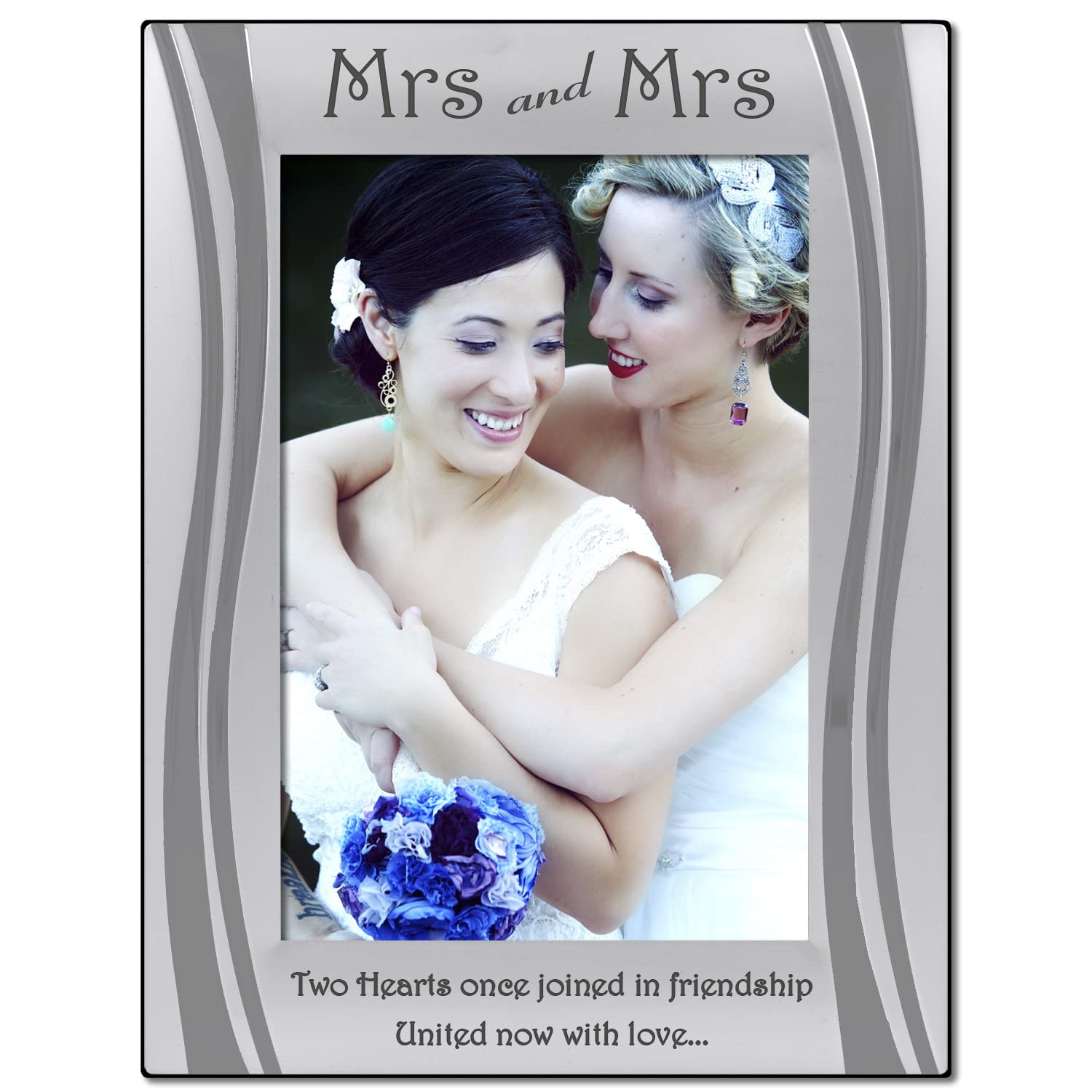 Mrs and Mrs Photo Frame, Silver Plated, Velvet Backed, Matt and Gloss Silver, Engraved with Two Hearts once joined in friendship, united now with love... Same Sex Marriage, Civil Partnership,