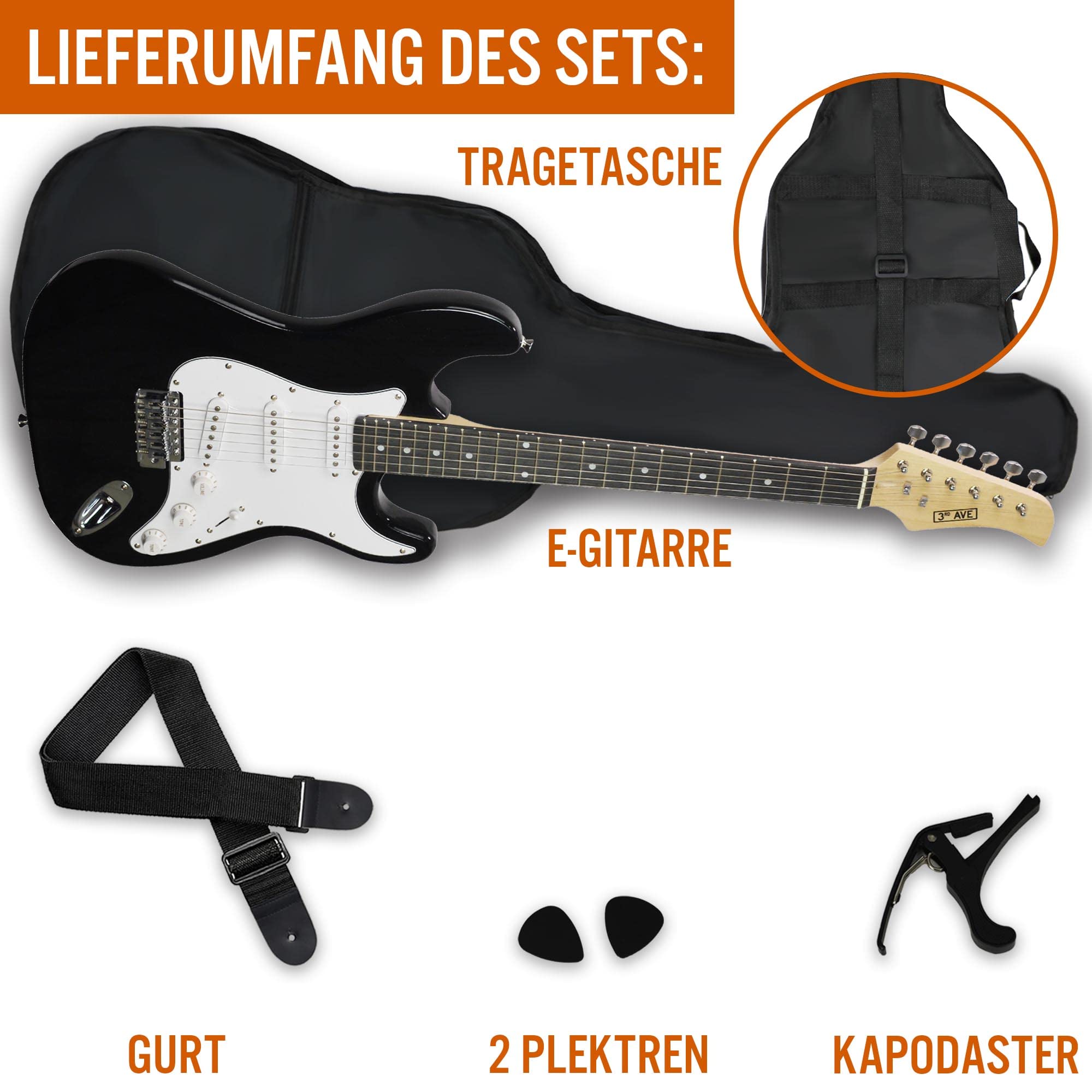 3rd Avenue XF Full Size 4/4 E-Gitarre Starter-Einsteigerpaket Mit Tasche, Gurt, Plektren Und Kapodaster - Schwarz