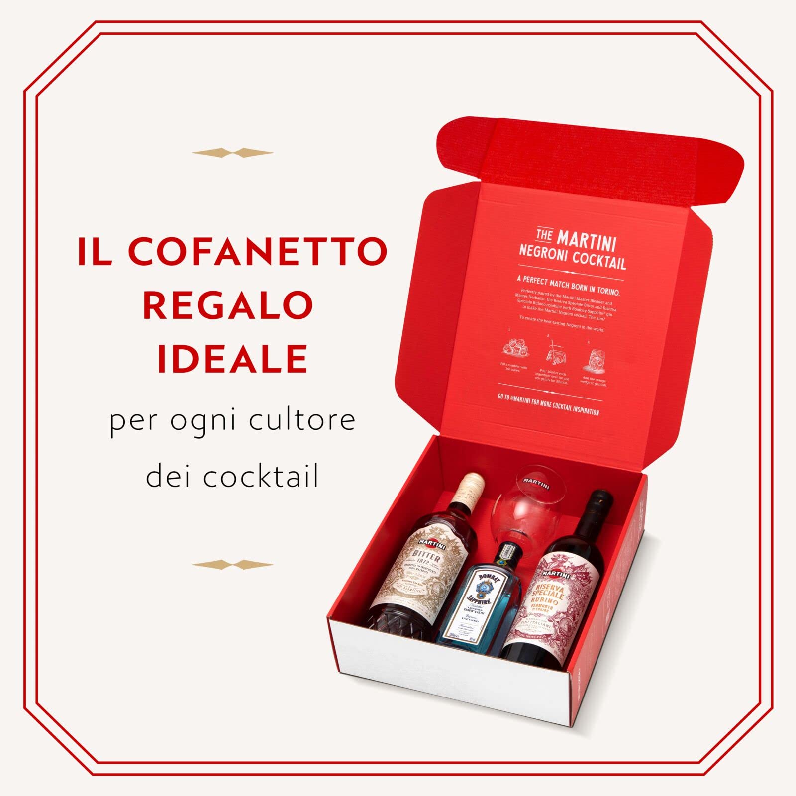 Martini Negroni Cocktail Kit Gift Set, Include Martini Riserva Speciale Rubino Vermouth 75cl, Martini Riserva Speciale Bitter 70cl, Gin Bombay Sapphire 35cl, Bicchiere Tumbler Martini