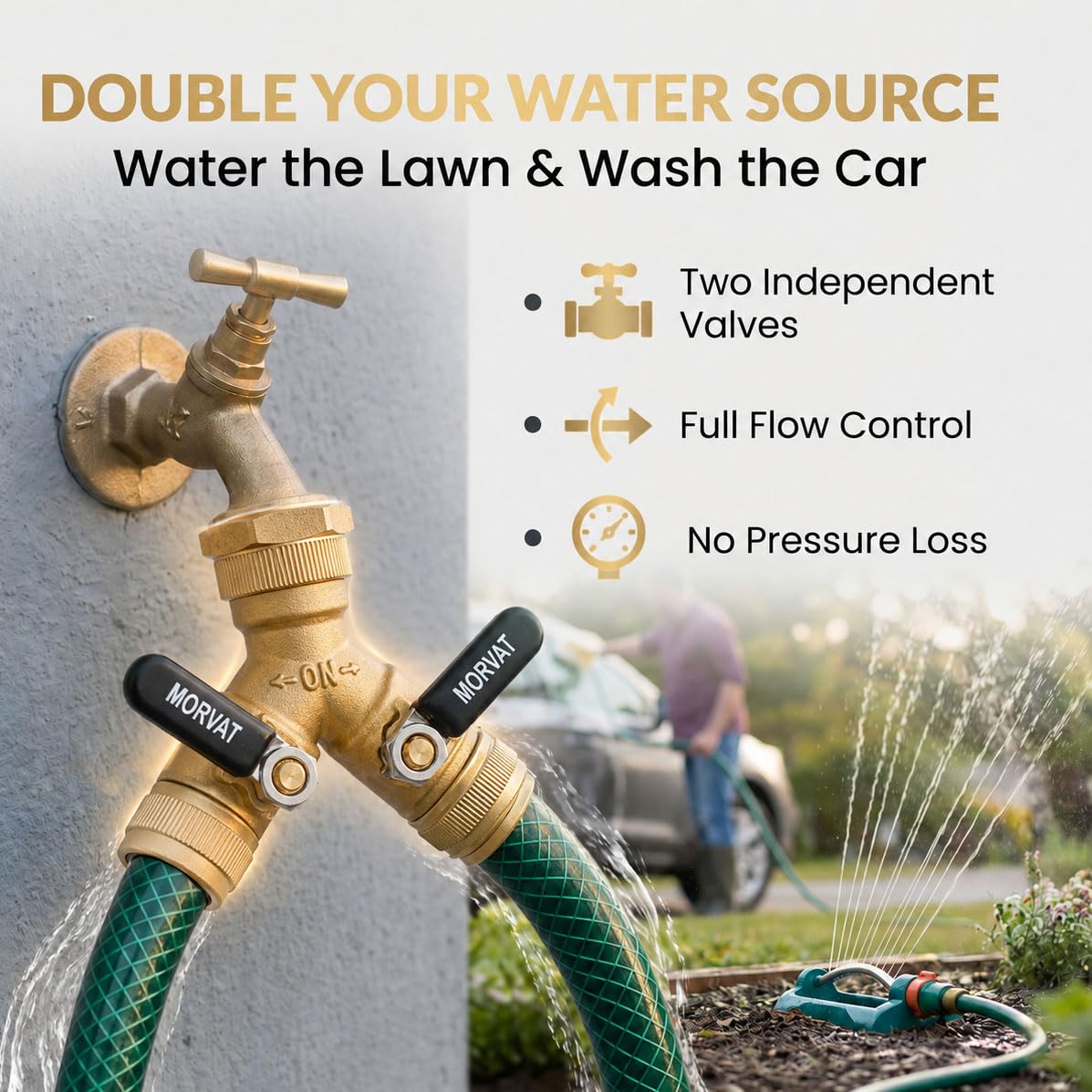 Morvat Sdoppiatore a Y a 2 vie in ottone, senza piombo, resistente connettore per tubo da giardino con valvole on/off extra lunghe a farfalla, adattatore per rubinetto dell'acqua e rubinetto, 5