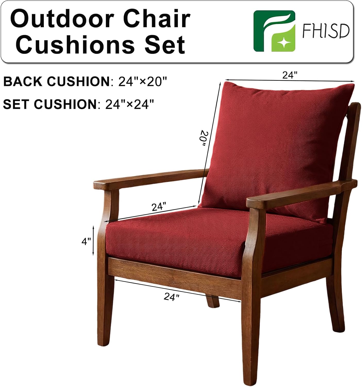 Outdoor Deep Seat Cushions Set of 2, 24x24x4 Inch Water-Repellent & Fade-Resistant Outdoor Chair Cushions, Patio Furniture Cushions with Handle for Garden Wicker Chair Sofa (Wine Red)