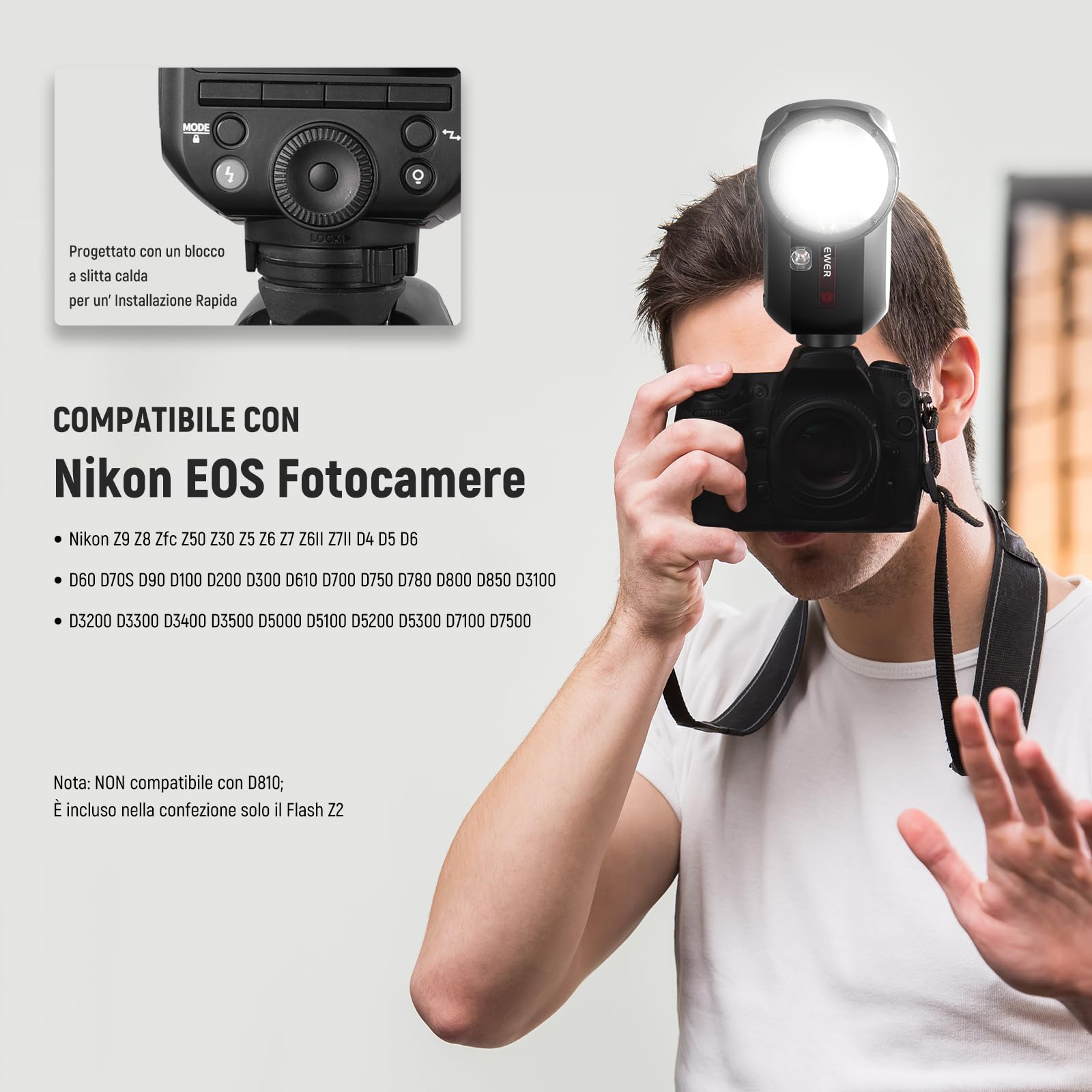 NEEWER Z2-N 2.4G Flash Speedlite TTL a Testa Rotonda Compatibile con Nikon, 600 Flash a Piena Potenza, 3000mAh 76Ws HSS 1/8000s, 2 Lampade Pilota, Diffusore di Luce, Tasto TCM TTL/M per Sistemi Q 2.4G
