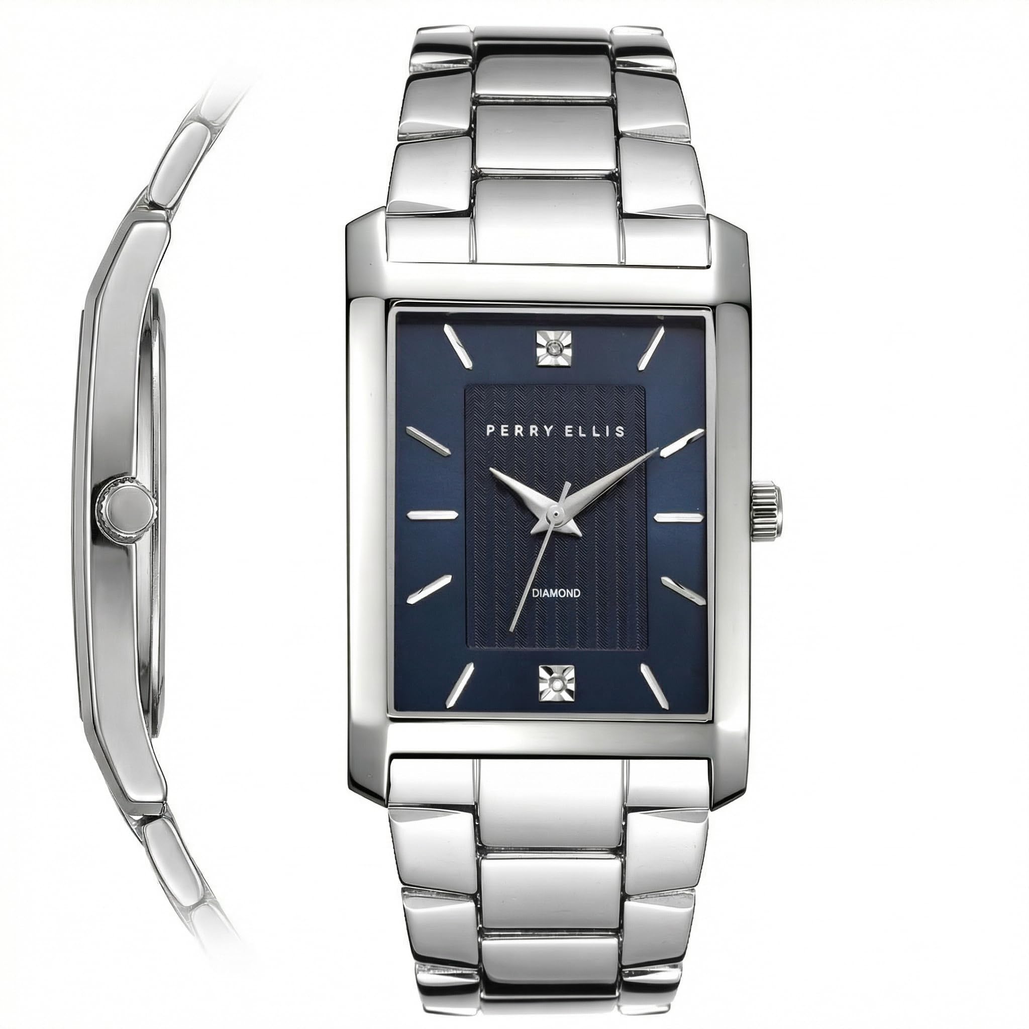 Perry Ellis Men's Watch – Rectangular Silver-Tone, Dark Blue Textured Dial with Diamond Accents, Silver Faceted Indexes, Stretch Bracelet, Quartz Analog Fashion Accessory - 1