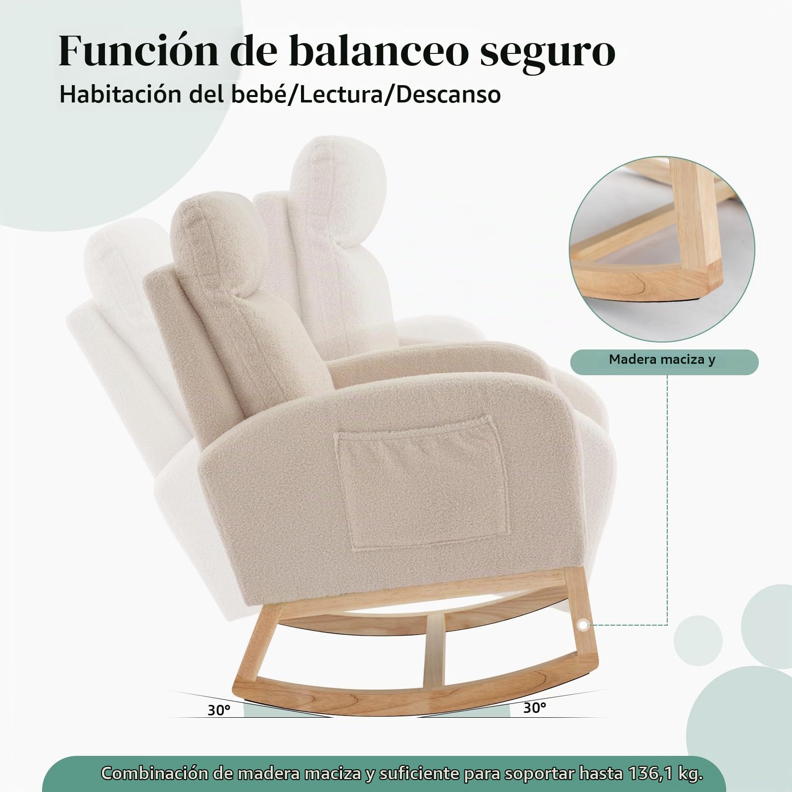 Zstar Mecedora, Sillón Tapizado con Bolsillo Lateral, Silla De Guardería con Respaldo Alto y Patas De Madera De Caucho, Sillón Mecedor Decorativo para Sala De Estar, Dormitorio y Guardería.