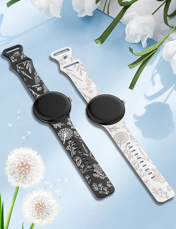 Minyee Google Pixel Watch 2/Google Pixel Watch Band ile Uyumlu 2'li Paket Çiçekli Oyma Bantları, İki Renkli Çiçek Sevimli Yumuşak Silikon Spor Fantezi Yaz Kayışı Pixel Watch 2/Pixel Smart Watch için