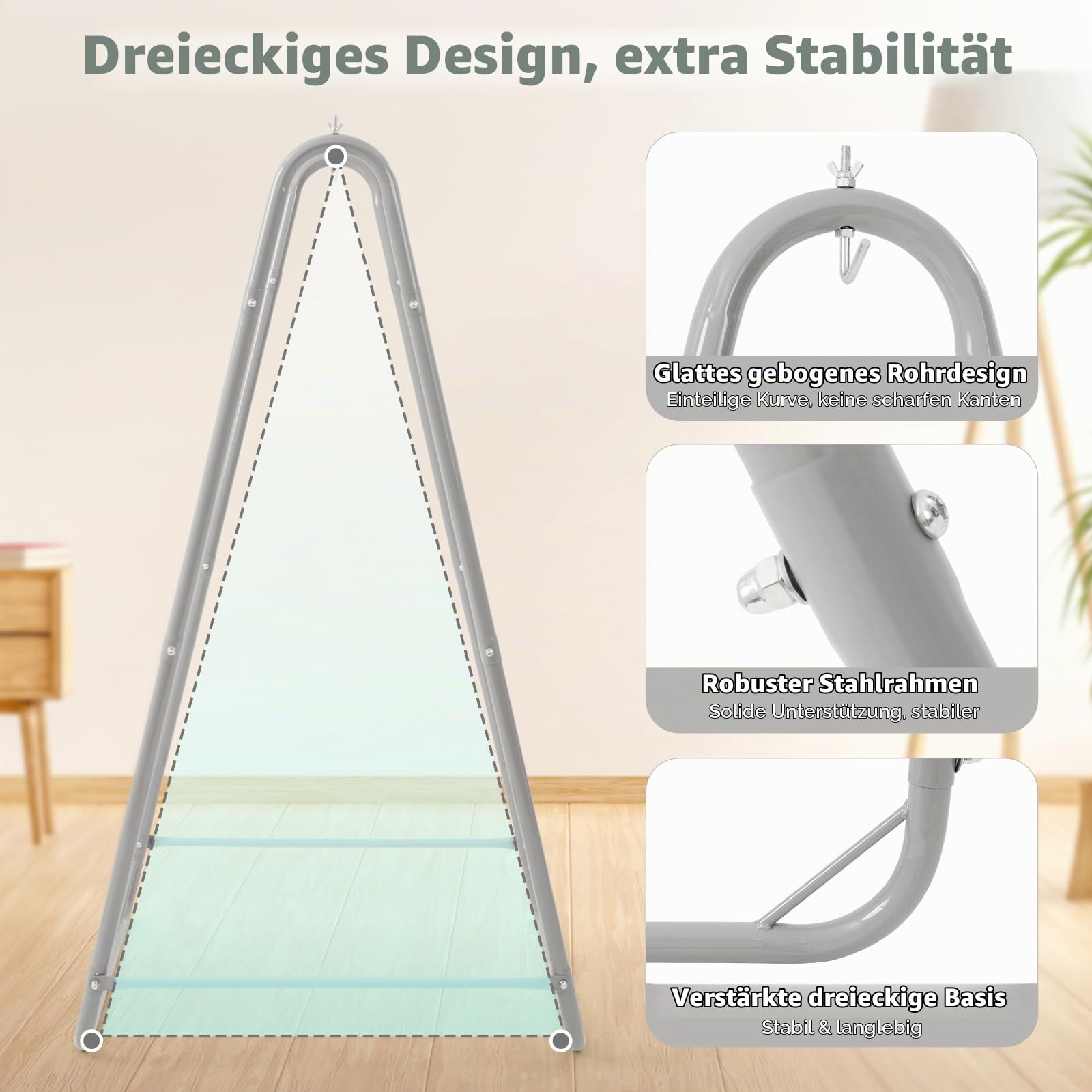 U-förmige Hängesessel mit Ständer, Stabiler Stahl-Hängesessel mit Ständer für Innen & Außen, Solider Halt & Stabiler Sockel, 100 kg Tragkraft, einfache Montage - Grau