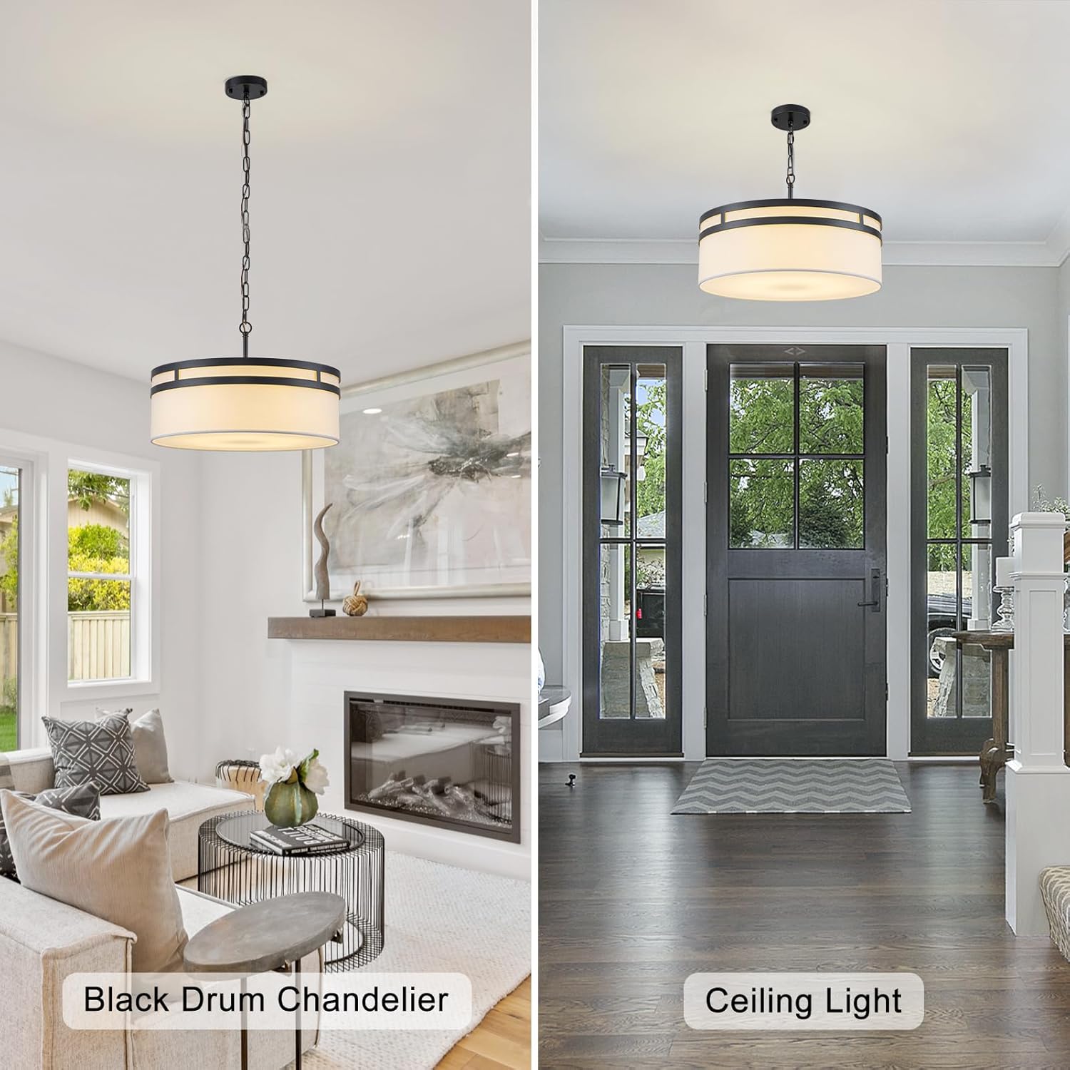 Modern Drum Chandelier 19.69" Black Dining Room Light Fixture with White Linen Shade Farmhouse Pendant Lights Round Kitchen Chandeliers over Table Ceiling Hanging Light for Entryway Foyer Bedroom E12