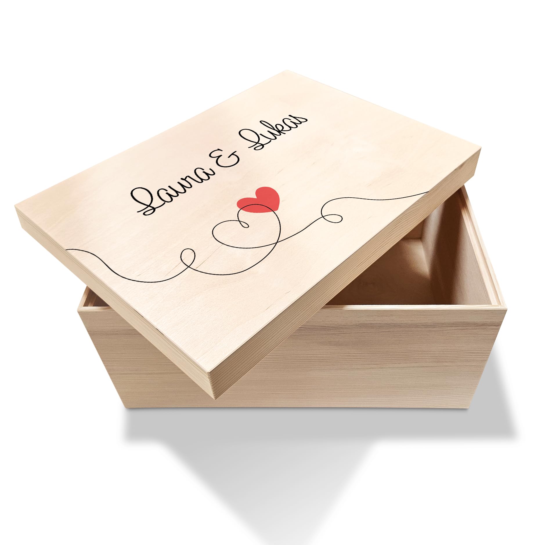 LEAF & GOLD Personalisierte Holzbox Herzschwung | Erinnerungsbox für Paare aus Holz mit Deckel I Geschenk zur Verlobung, Hochzeit oder Jahrestag I Handgefertigte Aufbewahrungsbox I 40 x 30 x 22cm