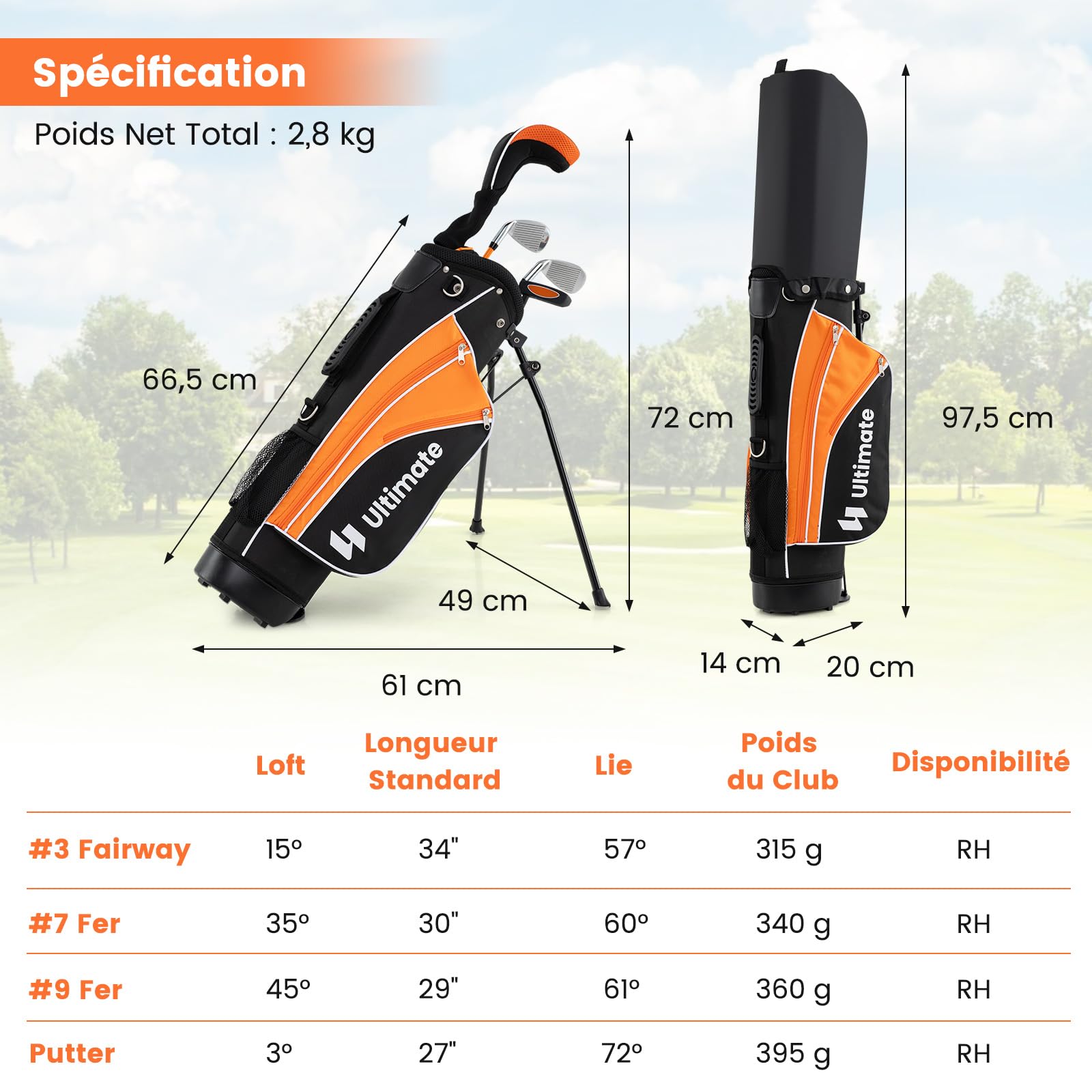 COSTWAY Ensemble de Golf Complet pour Enfants, avec 205CC #3 Fairway #7 & #9 Fers Putter Couvre-tête et Sac de Support & Protecteur de Pluie, pour Enfants