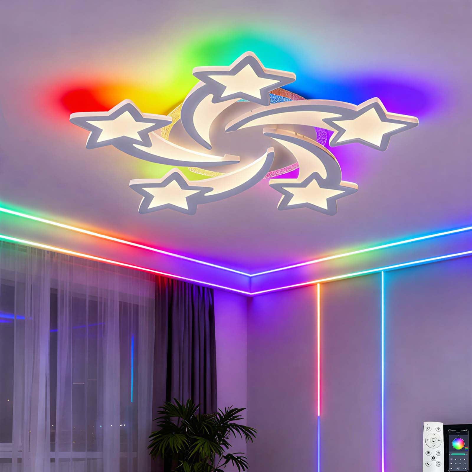 lnrosy RGB Star Ceiling Lights,Dimmable with Memory Function,Indoor Atmosphere Ceiling Lamp,with Remote Control LED Chandelier,Suitable for Indoor Use,White