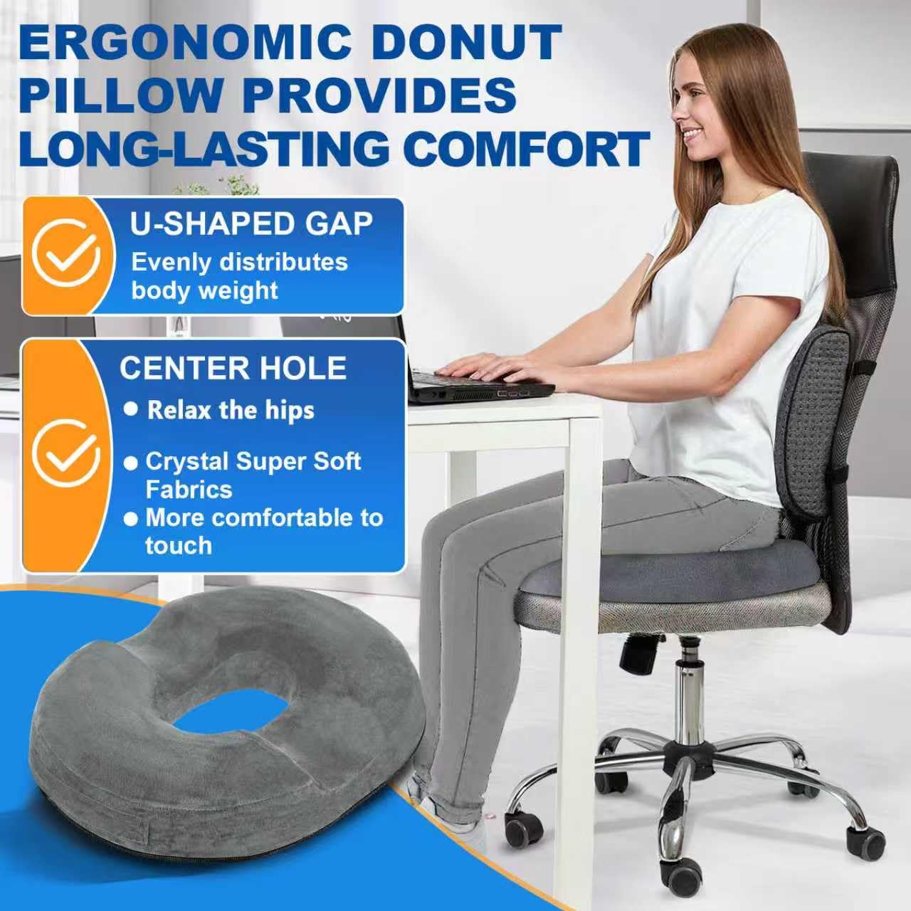 Cuscino per sedia a forma di ciambella in memory foam, ergonomico, per ufficio, auto e casa, cuscino per seduta a lunga durata, antiscivolo, rivestimento lavabile (grigio)