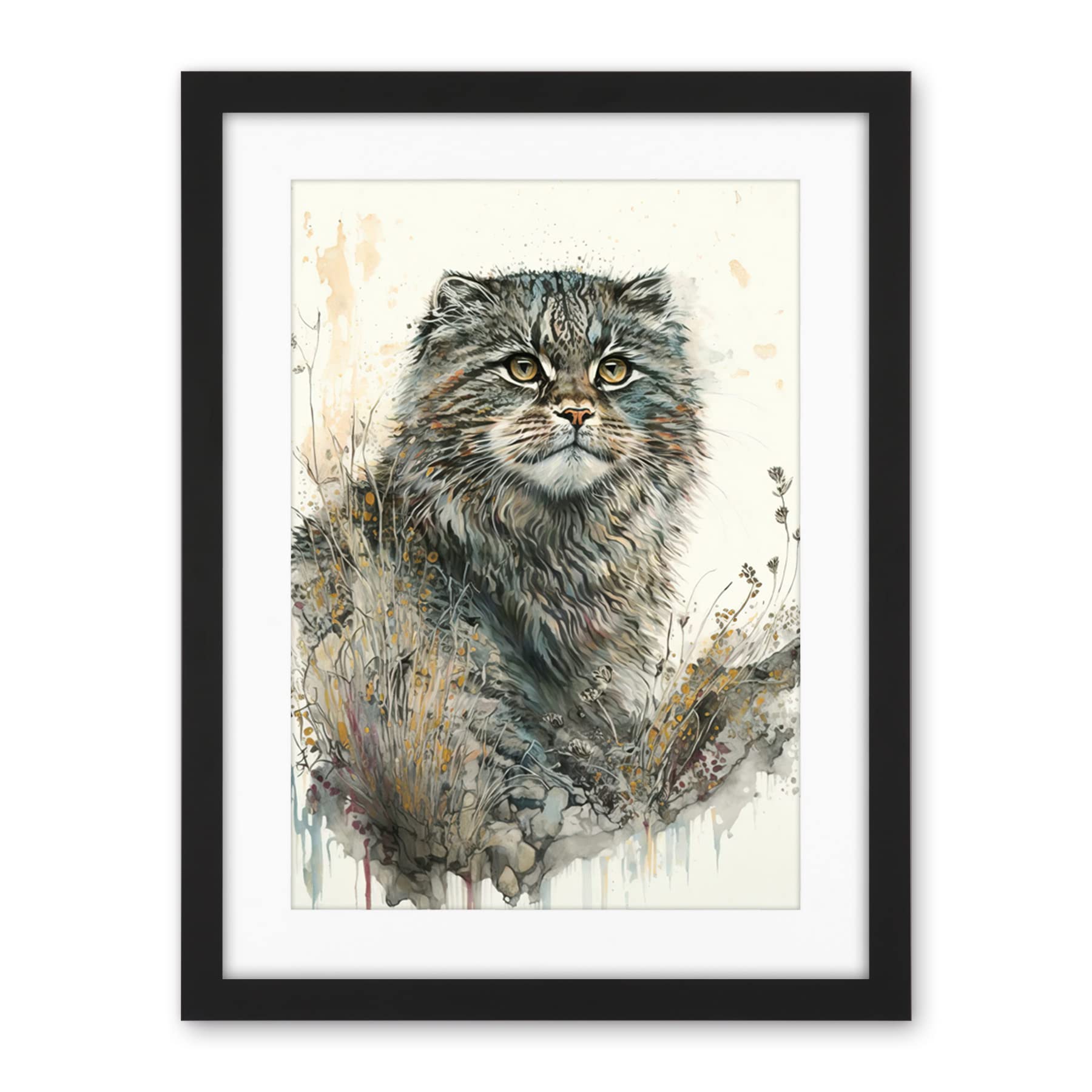 Artery8 Manul Pallas Cat Portrait in Wildflowers Watercolour Illustration Artwork Framed Wall Art Print 18X24 Inch