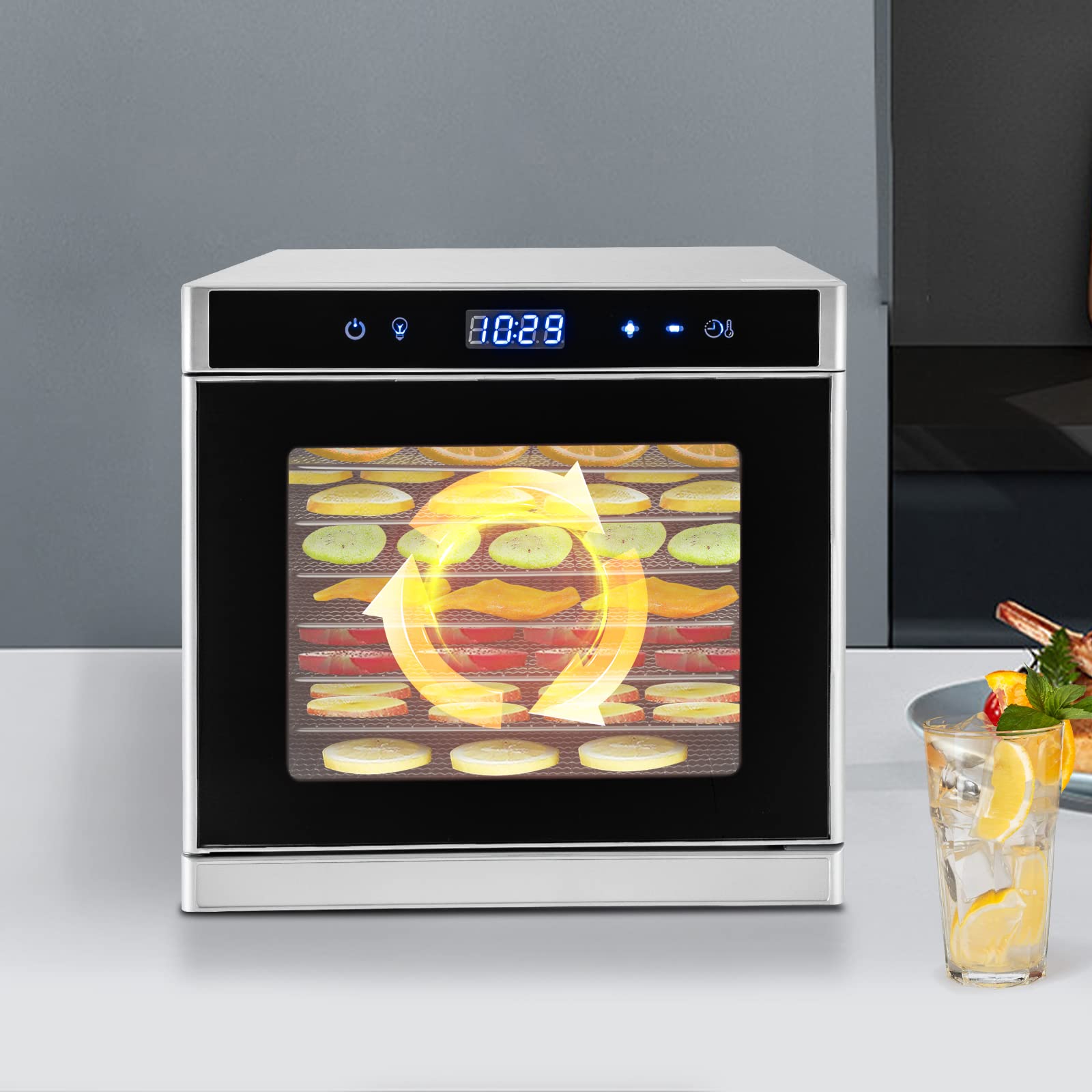 Deshidratador de alimentos de acero inoxidable de 8 pisos con pantalla táctil LCD, 700 W, secador de frutas con temporizador y regulación de temperatura para familias, jardineros, deportistas