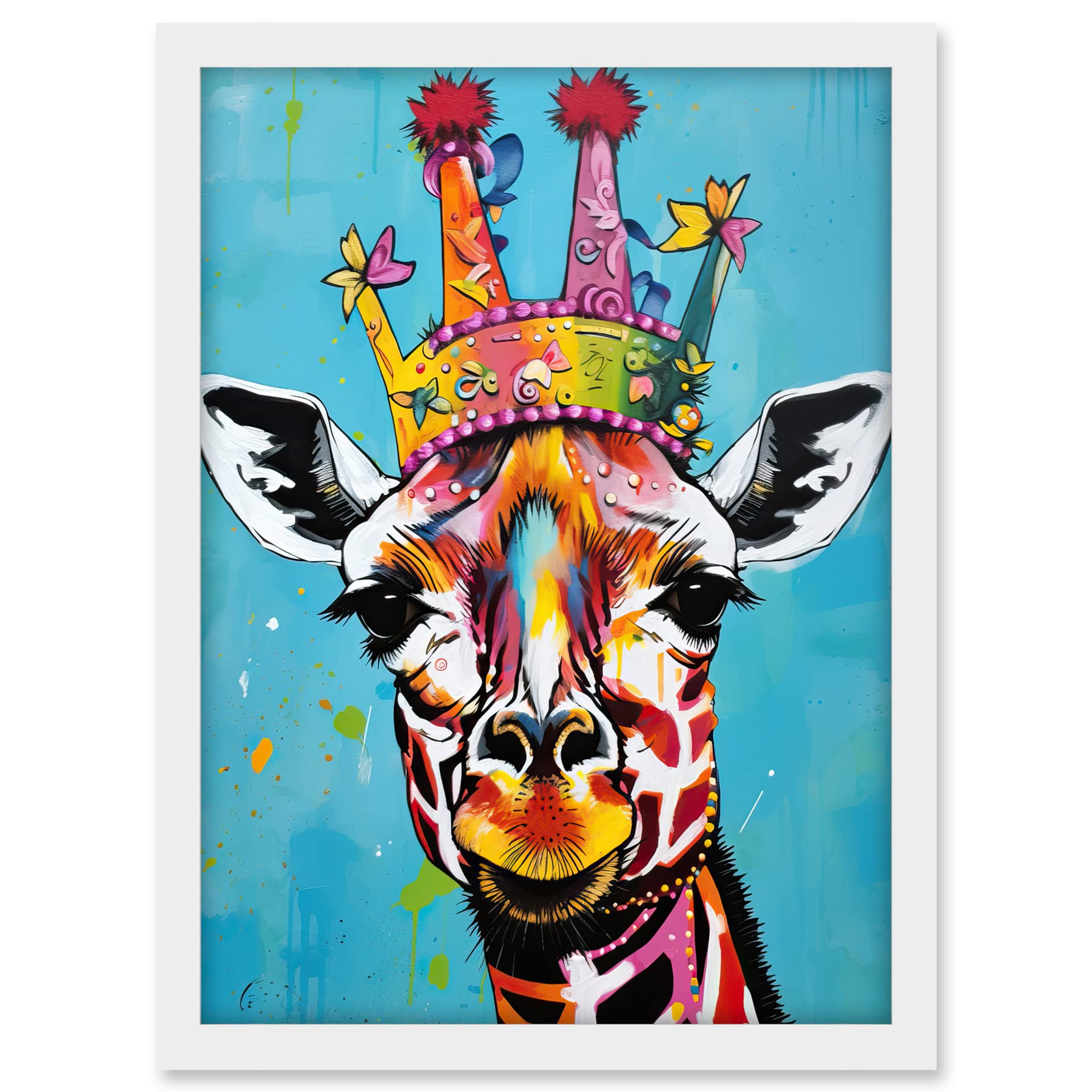 Artery8 Giraffe Wearing Princess Crown Modern Folk Art Artwork Framed A3 Wall Art Print
