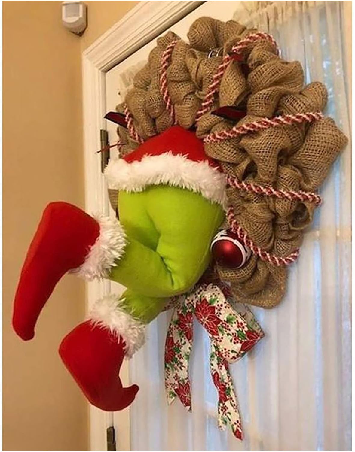Santa Thief Christmas Wreath for Front Door Christmas Decor Funny Santa Thief Wreath with Burlap Bow Santa Leg Decor for Home Wall Window Door Holiday Decor