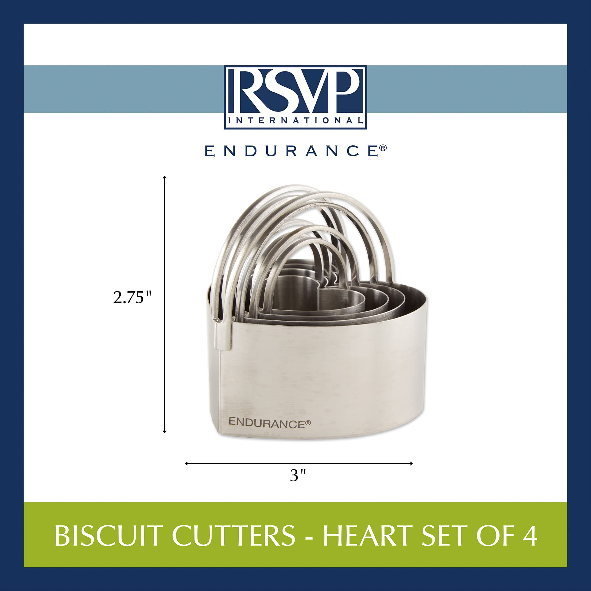 RSVP International Endurance (HBC-4) Cortadores de galletas con forma de corazón, acero inoxidable, metalizado