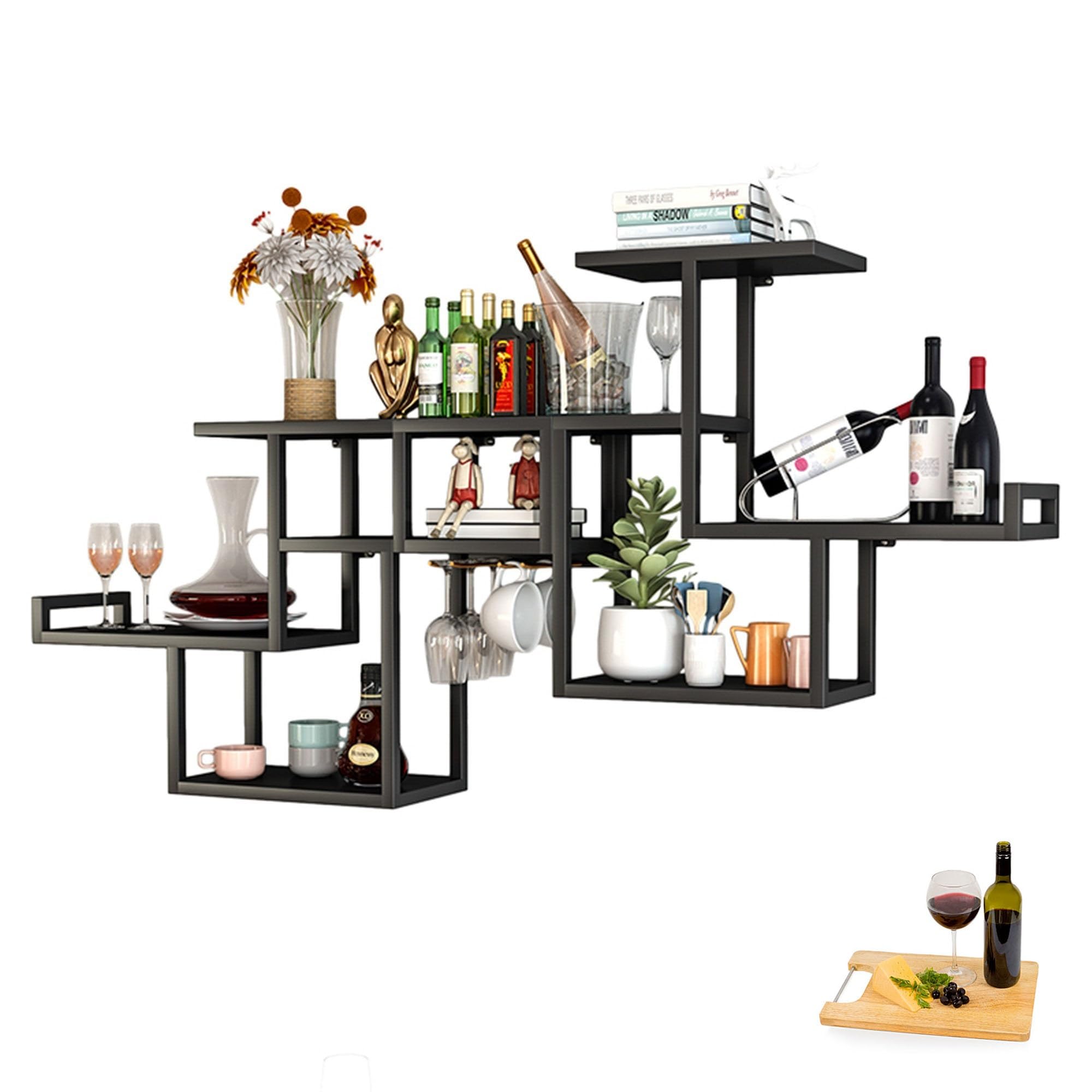 Étagères de bar flottantes avec support verres suspendu pour optimiser l'espace