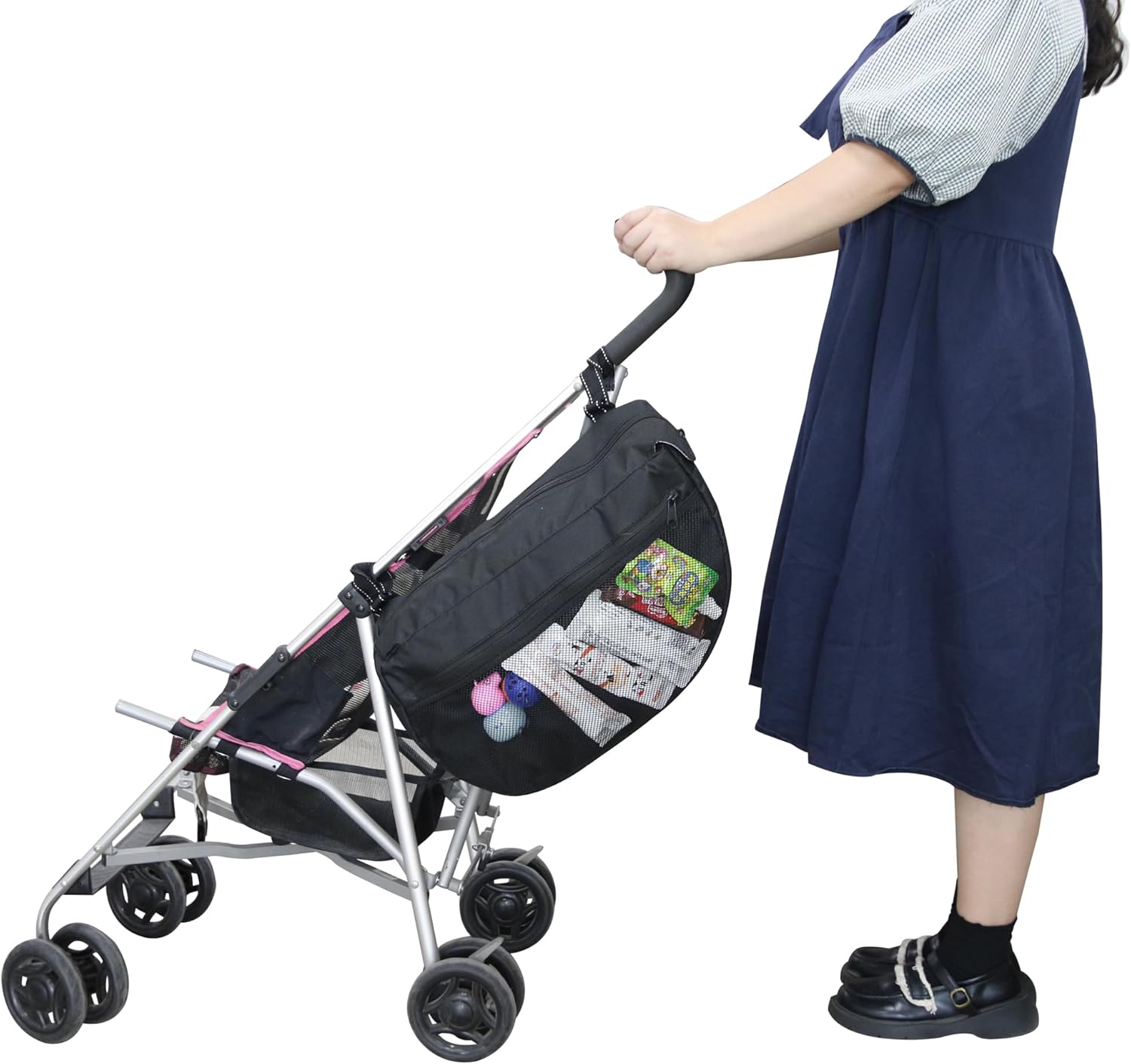 Insulated Side Sling Stroller Organiser Saddle Bag,Insulated Baby Pushchair Organiser with 1 zipper Mesh Bag and Adjustable Shoulder Strap,Used as Carry-On Handbag.