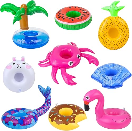 Miniatura 9 de 18INDC 9 piezas de flotador inflable para piscina incluyendo  Flamingos Donuts Piña Cangrejos Conejo Soporte inflable para bebidas para fiestas en