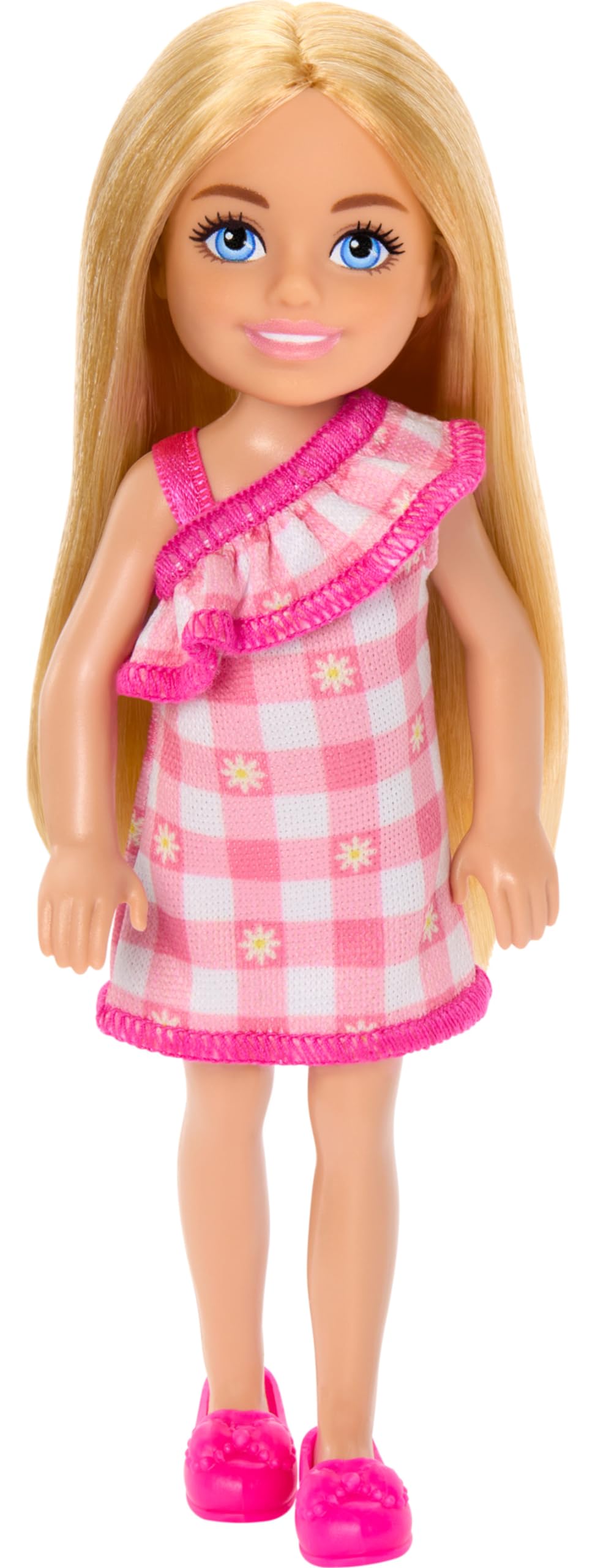 Chelsea Doll, Small Doll Wearing Removable Checked Dress & Pink Shoes with Blonde Hair & Blue Eyes