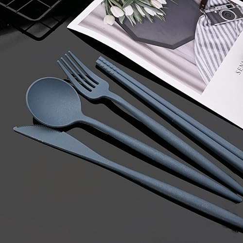 Miniatura 7 de JASHII Juego de utensilios de viaje con estuche, 4 juegos de paja de trigo reutilizable, cuchara, tenedores y palillos, vajilla ligera e irrompible,