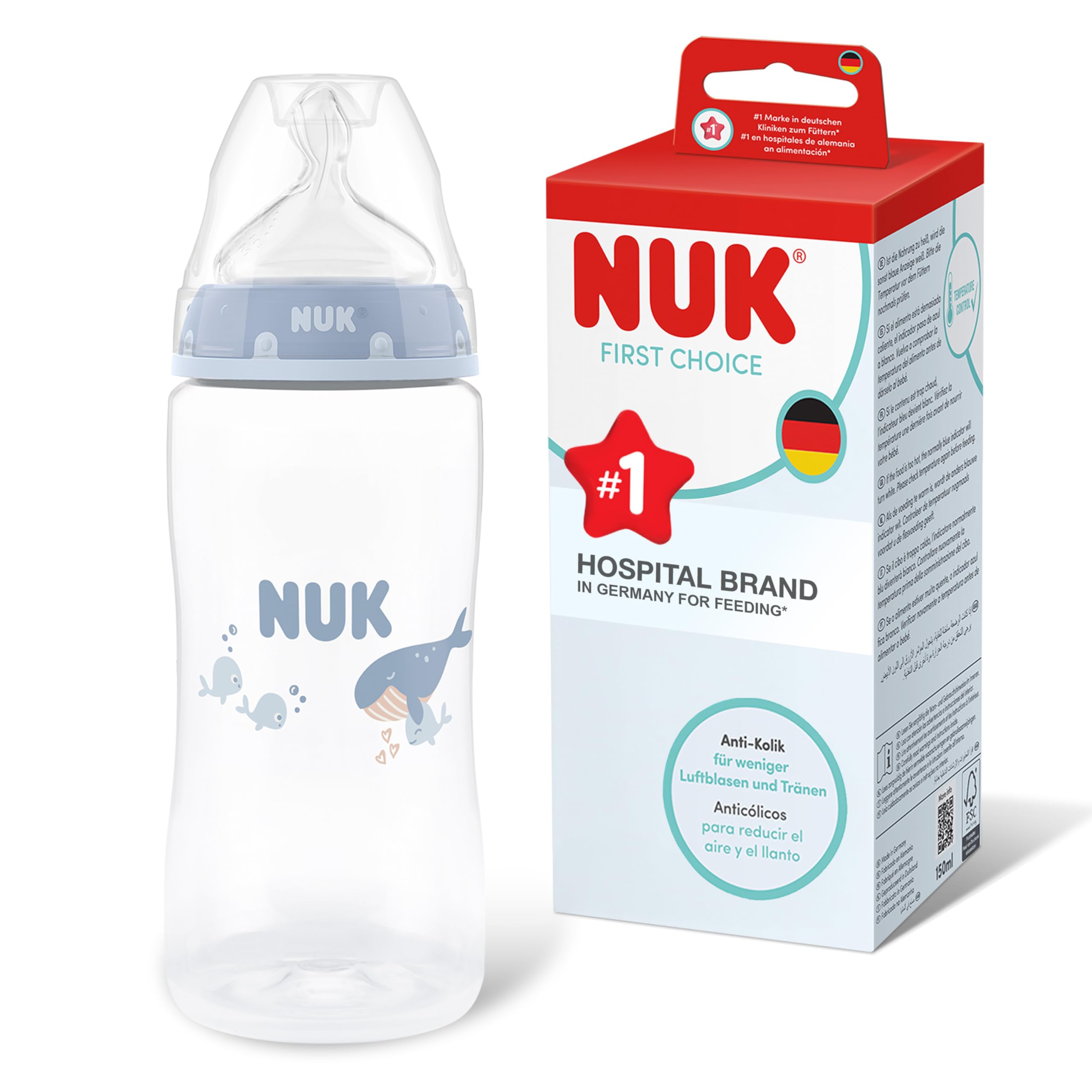 NUK First Choice Baby Bottle | 3+ Months | 300ml | Anti Colic Feeding Bottle | PP | Temperature Control Indicator | Whale | 1 Count