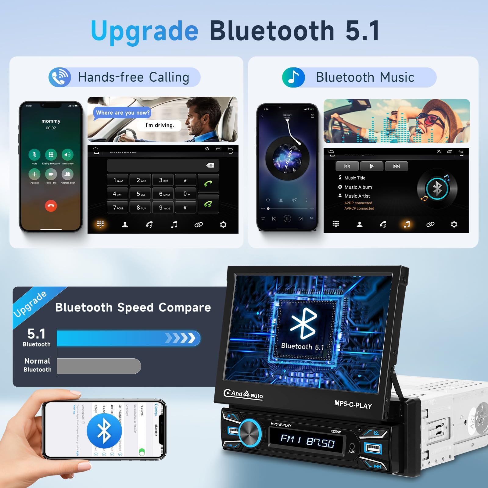 VECHTEL 7Autoradio 1 DIN con touchscreen retrattile manuale Wireless Carplay Android Auto,radio FM con Bluetooth,EQ,Mirror Link,2 USB/Type-C,autoradio con telecamera posteriore/comandi al volante