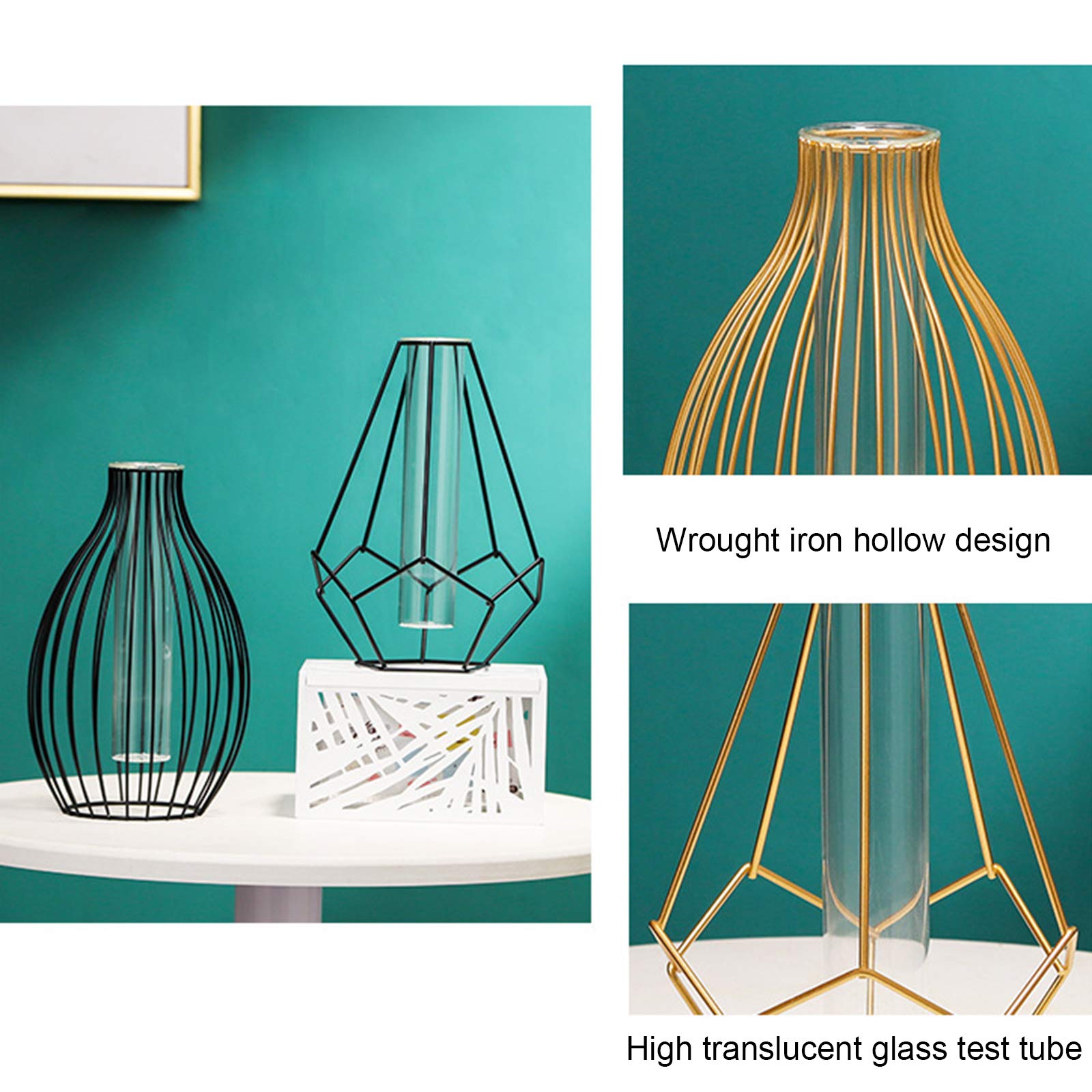 RESOYE Vaso in vetro da tavolo con telaio in metallo dorato, 24 cm, moderno, cavo, geometrico, vaso decorativo per coltura idroponica, per casa, matrimonio, decorazione per la casa
