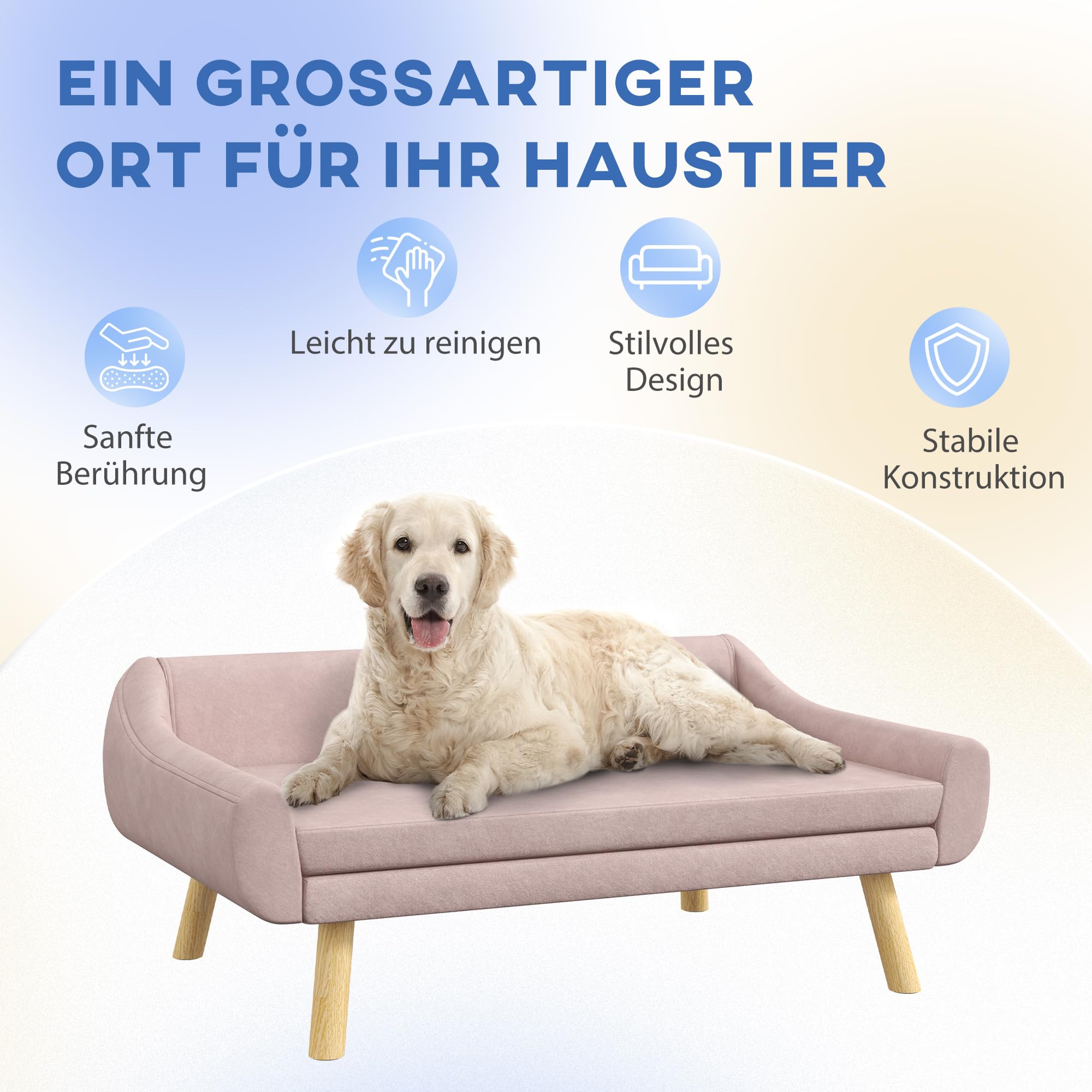 PawHut Divano per Cani Divano per Gatti con Schienale, Divano per Cani con Gambe in Legno, Divano per Animali Domestici con Cuscino, Letto per Cani di Taglia Media e Grande, Velluto, Rosa, 102 x 58,5