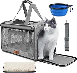 Bolsa Transporte Pet Para Gatos Cachorros Grande Avião Viagem Com Alça e Tapete Tigela (Cinza)