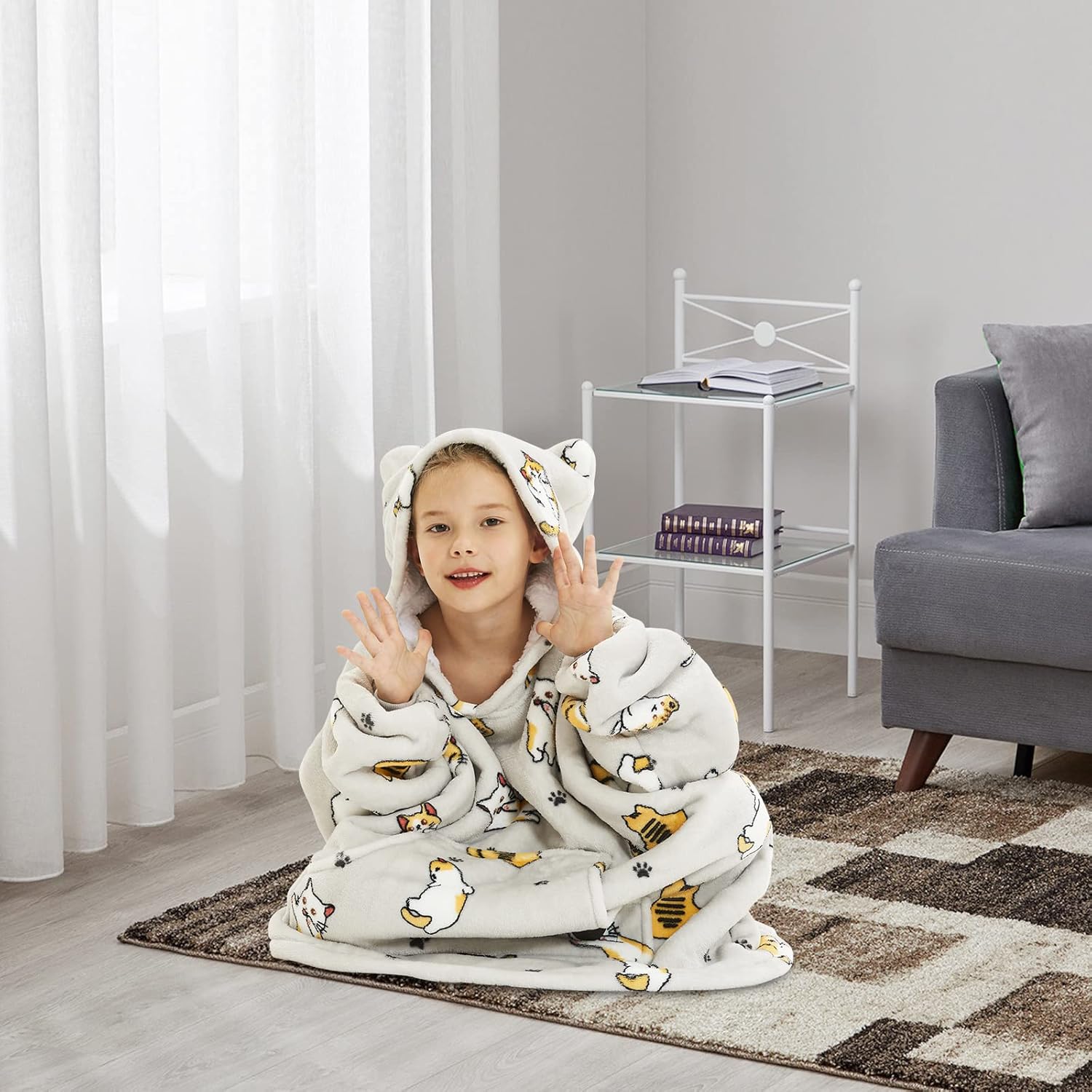 THREE POODLE Wearable Blanket Hoodie for Kids, Oversized Sherpa Sweatshirt Blanket with Giant Hood, Warm Cozy Cat Hooded Blanket, Cute Gifts for Kids Girls Boys - Image 3